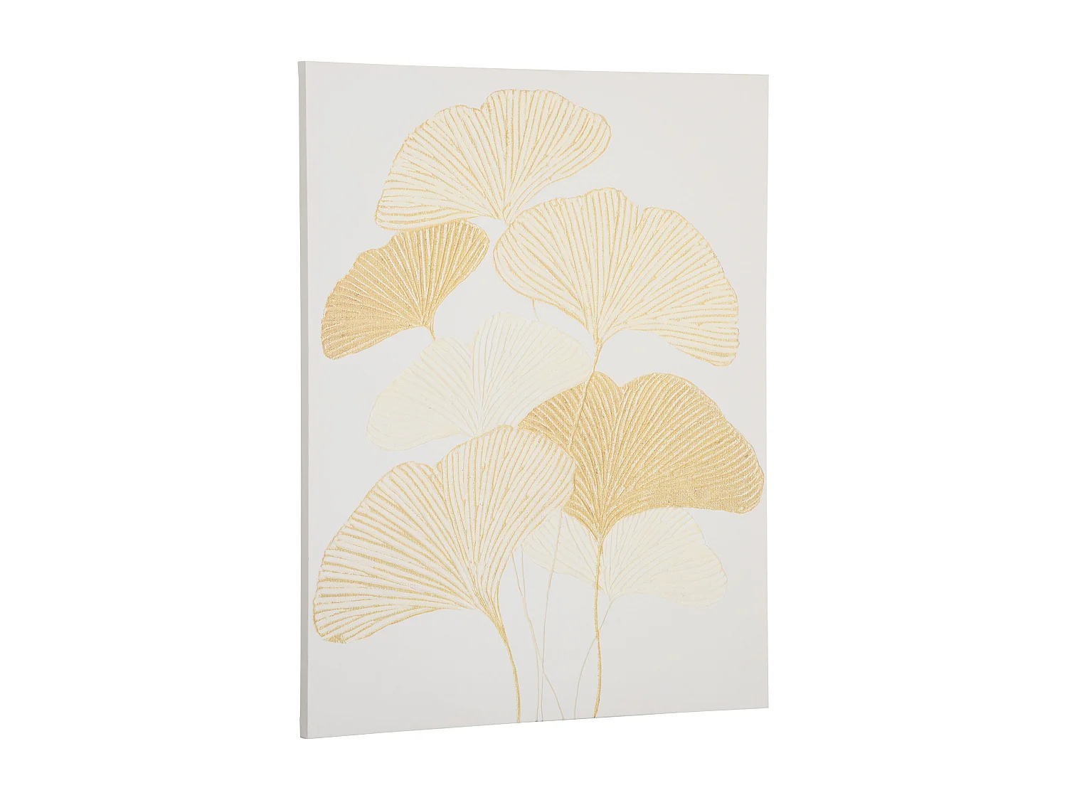 Tableau imprimé et peint feuilles ginkgo biloba - dim. 100L x 80l cm - décoration murale - toile 100% polyester structure bois de pin encre dorée blanc