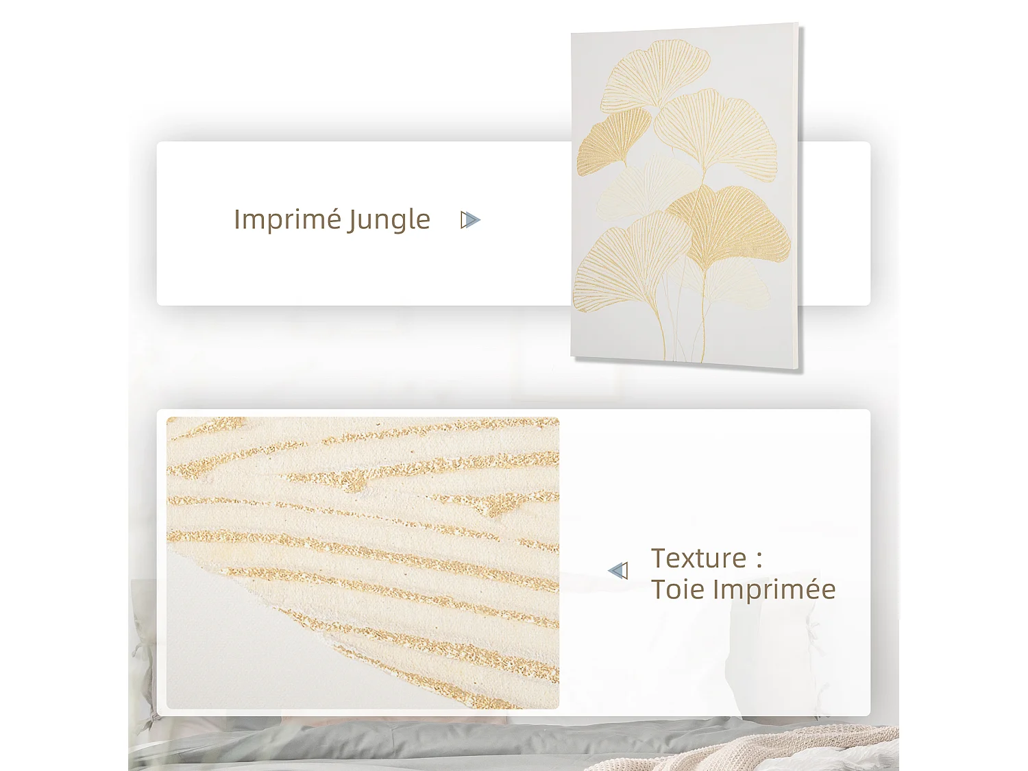 Tableau imprimé et peint feuilles ginkgo biloba - dim. 100L x 80l cm - décoration murale - toile 100% polyester structure bois de pin encre dorée blanc