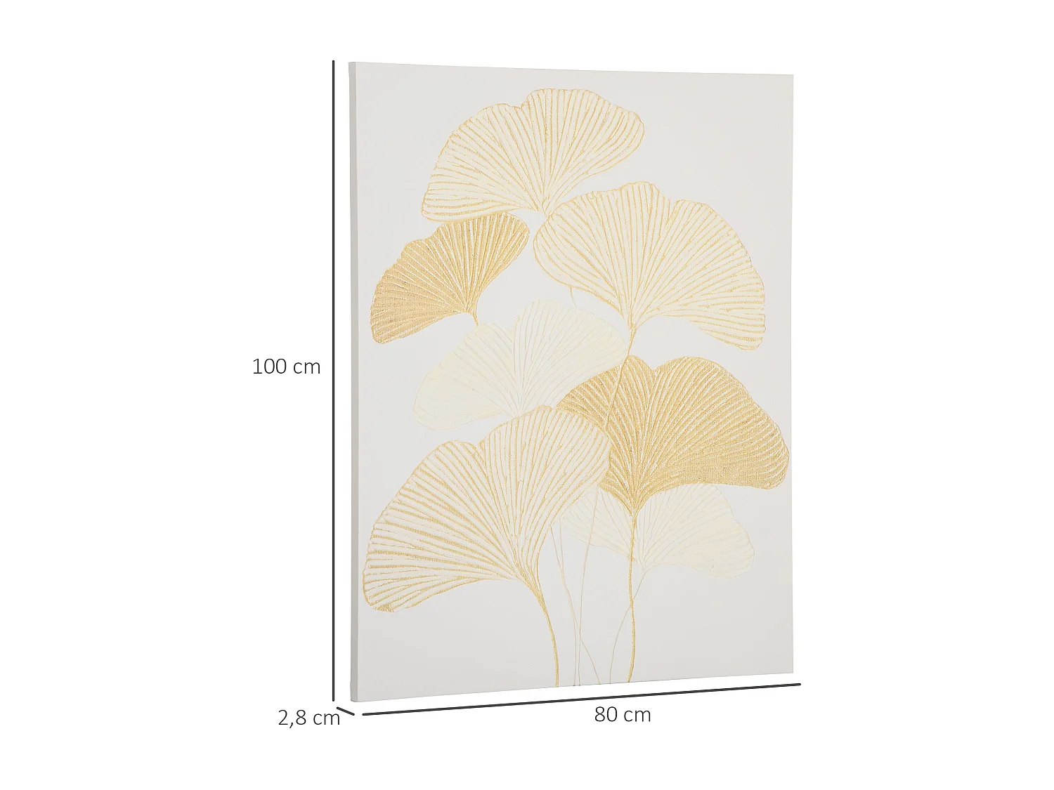 Tableau imprimé et peint feuilles ginkgo biloba - dim. 100L x 80l cm - décoration murale - toile 100% polyester structure bois de pin encre dorée blanc