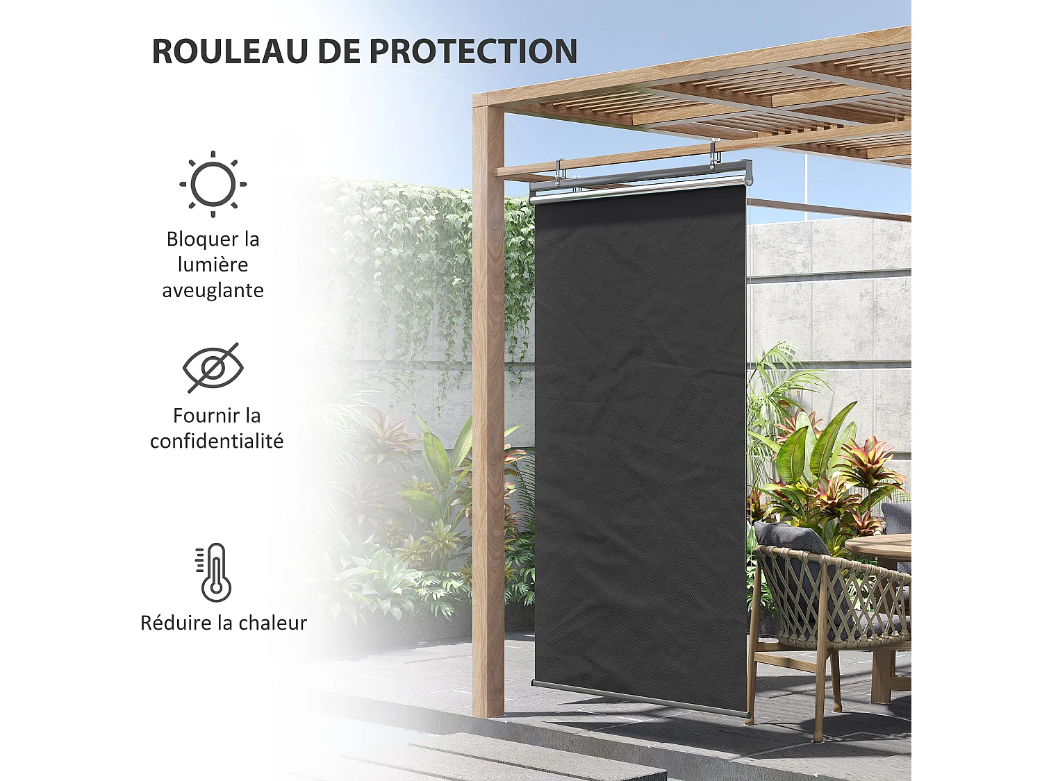 Store extérieur vertical store manuel rétractable dim. 124L x 5l x 222H cm installation sans perçage alu. acier polyester gris