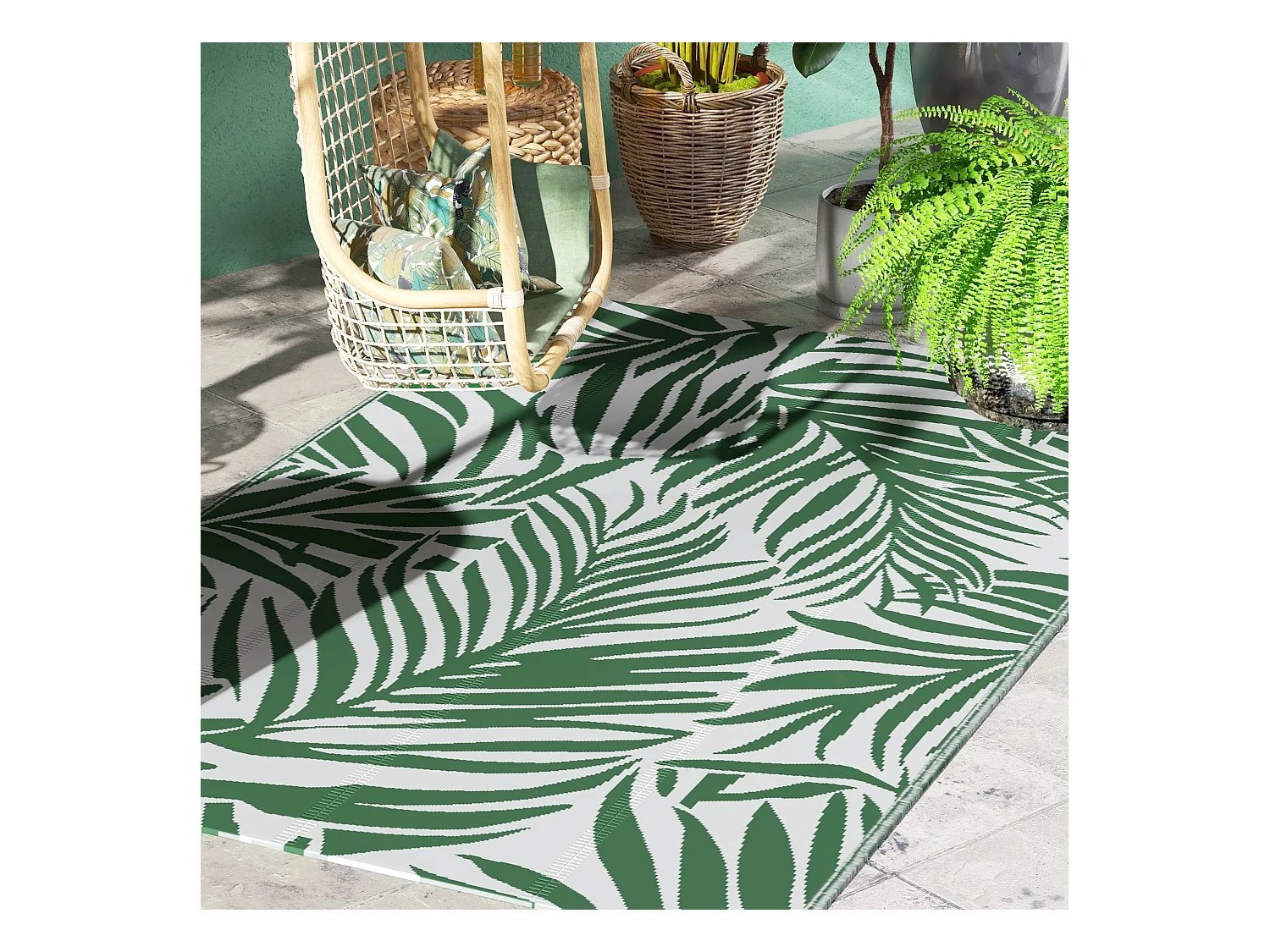 Tapis extérieur motif feuilles - tapis réversible - dim. 2,43L x 1,52l m, ép. 3 mm - PP haute densité 310 g/m² vert blanc