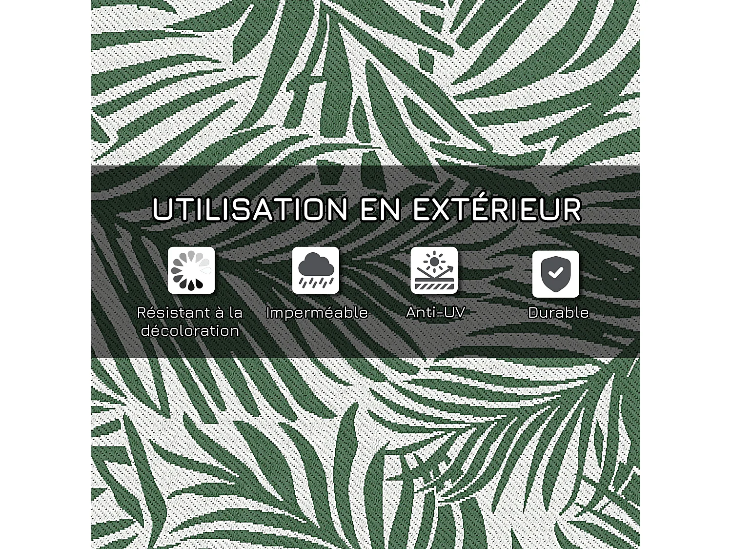 Tapis extérieur motif feuilles - tapis réversible - dim. 2,43L x 1,52l m, ép. 3 mm - PP haute densité 310 g/m² vert blanc