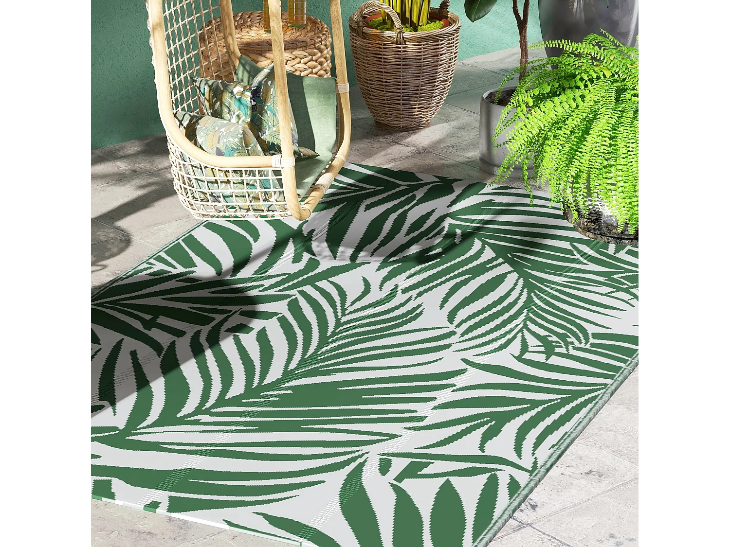 Tapis extérieur motif feuilles - tapis réversible - dim. 2,43L x 1,52l m, ép. 3 mm - PP haute densité 310 g/m² vert blanc