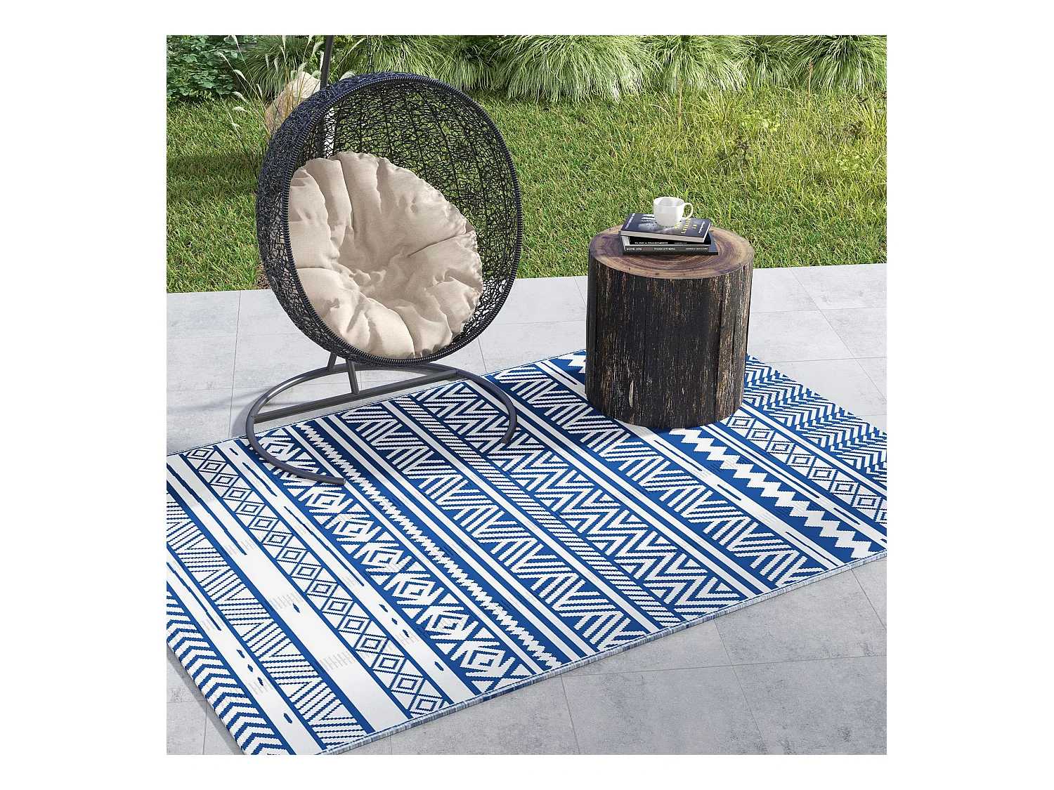 Tapis extérieur style graphique - tapis réversible - dim. 2,74L x 1,82l m, ép. 3 mm - PP haute densité 310 g/m² bleu blanc