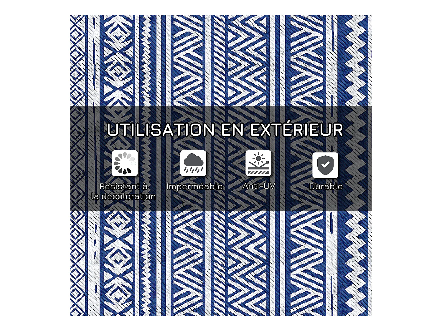Tapis extérieur style graphique - tapis réversible - dim. 2,74L x 1,82l m, ép. 3 mm - PP haute densité 310 g/m² bleu blanc