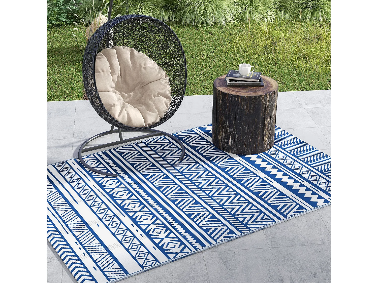 Tapis extérieur style graphique - tapis réversible - dim. 2,74L x 1,82l m, ép. 3 mm - PP haute densité 310 g/m² bleu blanc