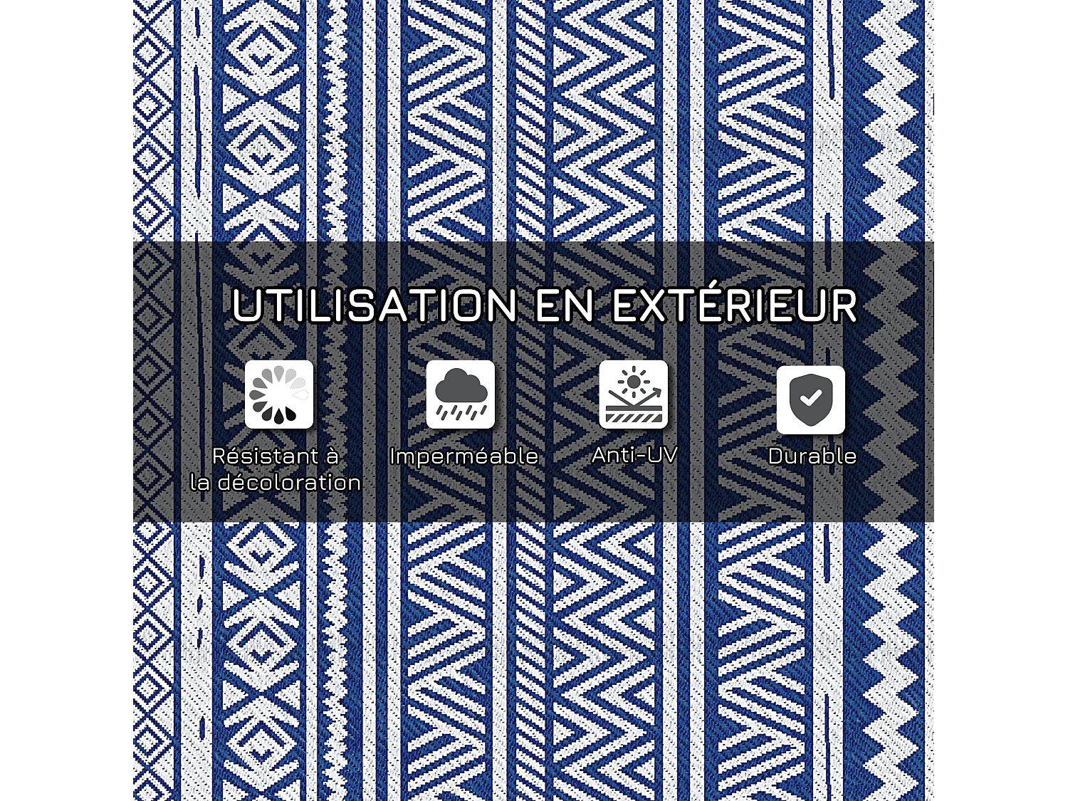 Tapis extérieur style graphique - tapis réversible - dim. 2,74L x 1,82l m, ép. 3 mm - PP haute densité 310 g/m² bleu blanc
