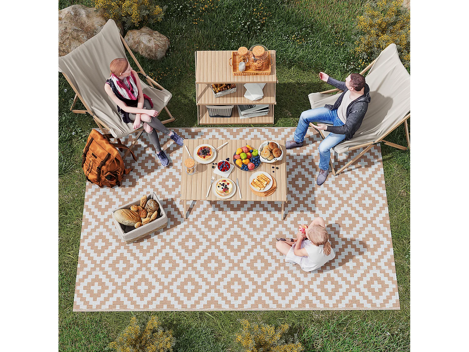 Tapis extérieur style graphique - tapis réversible 2 motifs - dim. 2,74L x 1,82l m, ép. 3 mm - PP haute densité 310 g/m² blanc beige