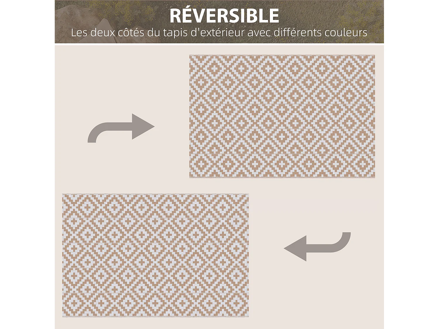 Tapis extérieur style graphique - tapis réversible 2 motifs - dim. 2,74L x 1,82l m, ép. 3 mm - PP haute densité 310 g/m² blanc beige