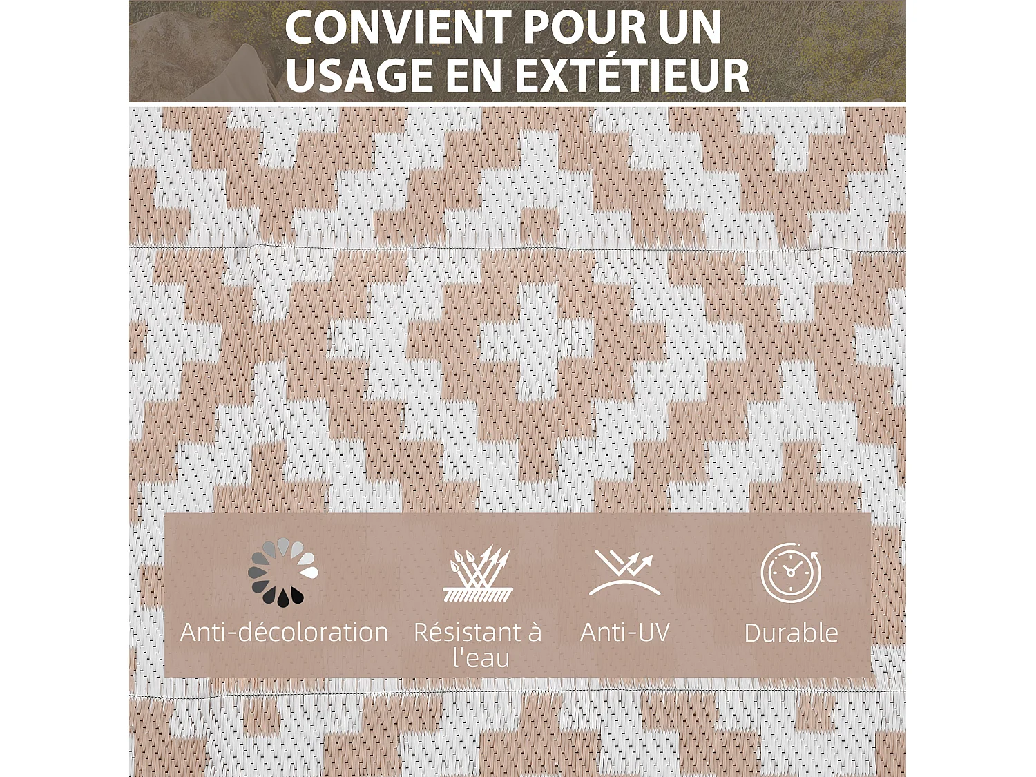 Tapis extérieur style graphique - tapis réversible 2 motifs - dim. 2,74L x 1,82l m, ép. 3 mm - PP haute densité 310 g/m² blanc beige