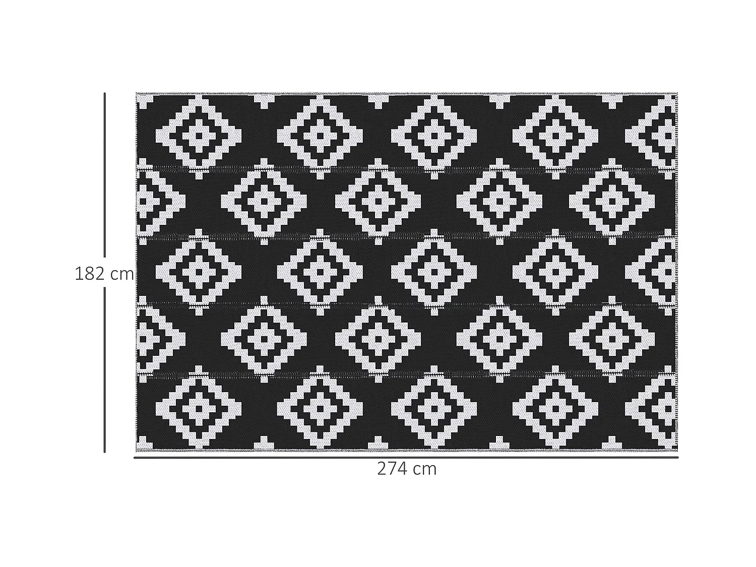 Tapis extérieur style graphique - tapis réversible 2 motifs - dim. 2,74L x 1,82l m, ép. 3 mm - PP haute densité 310 g/m² noir blanc