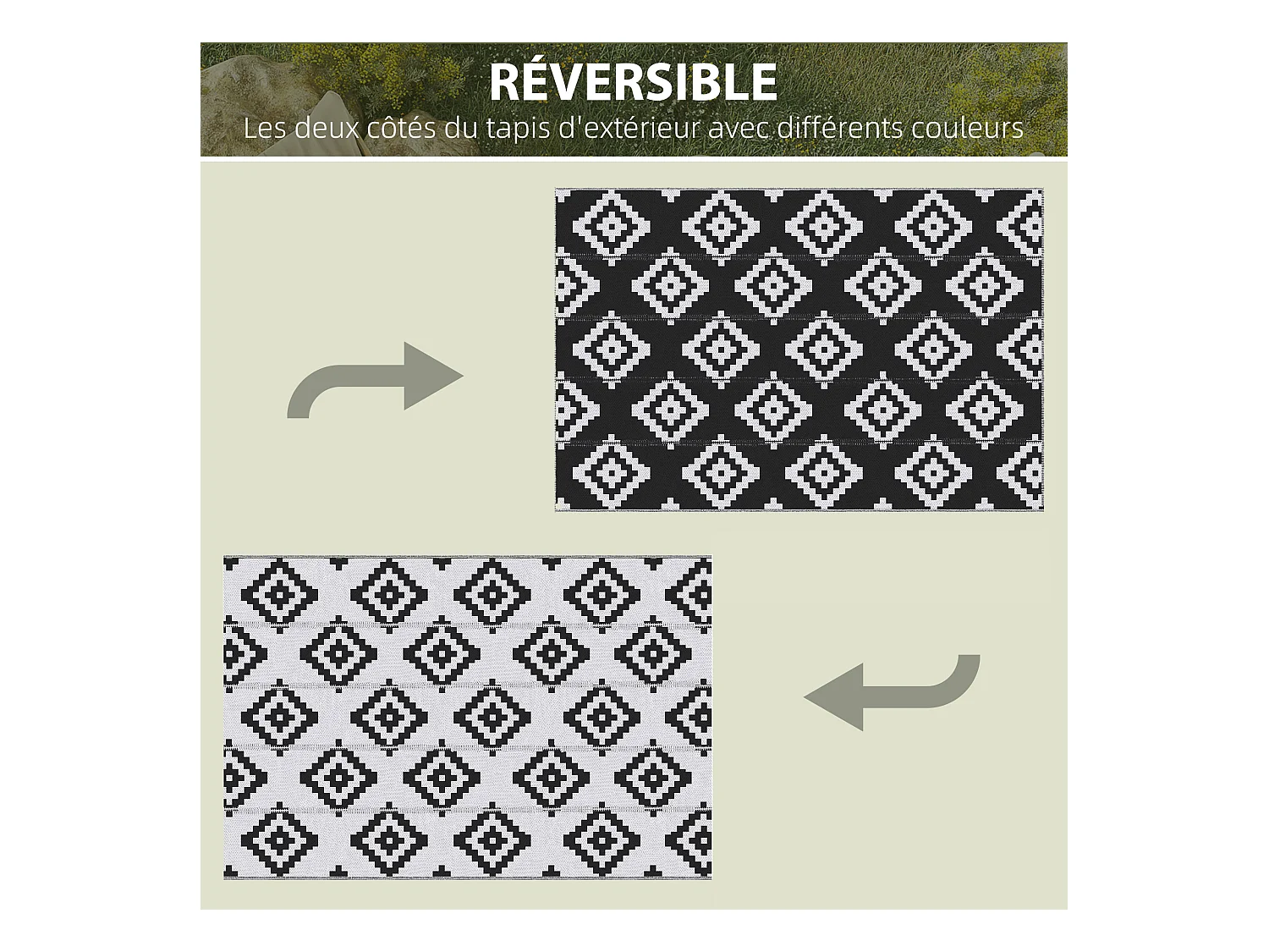 Tapis extérieur style graphique - tapis réversible 2 motifs - dim. 2,74L x 1,82l m, ép. 3 mm - PP haute densité 310 g/m² noir blanc