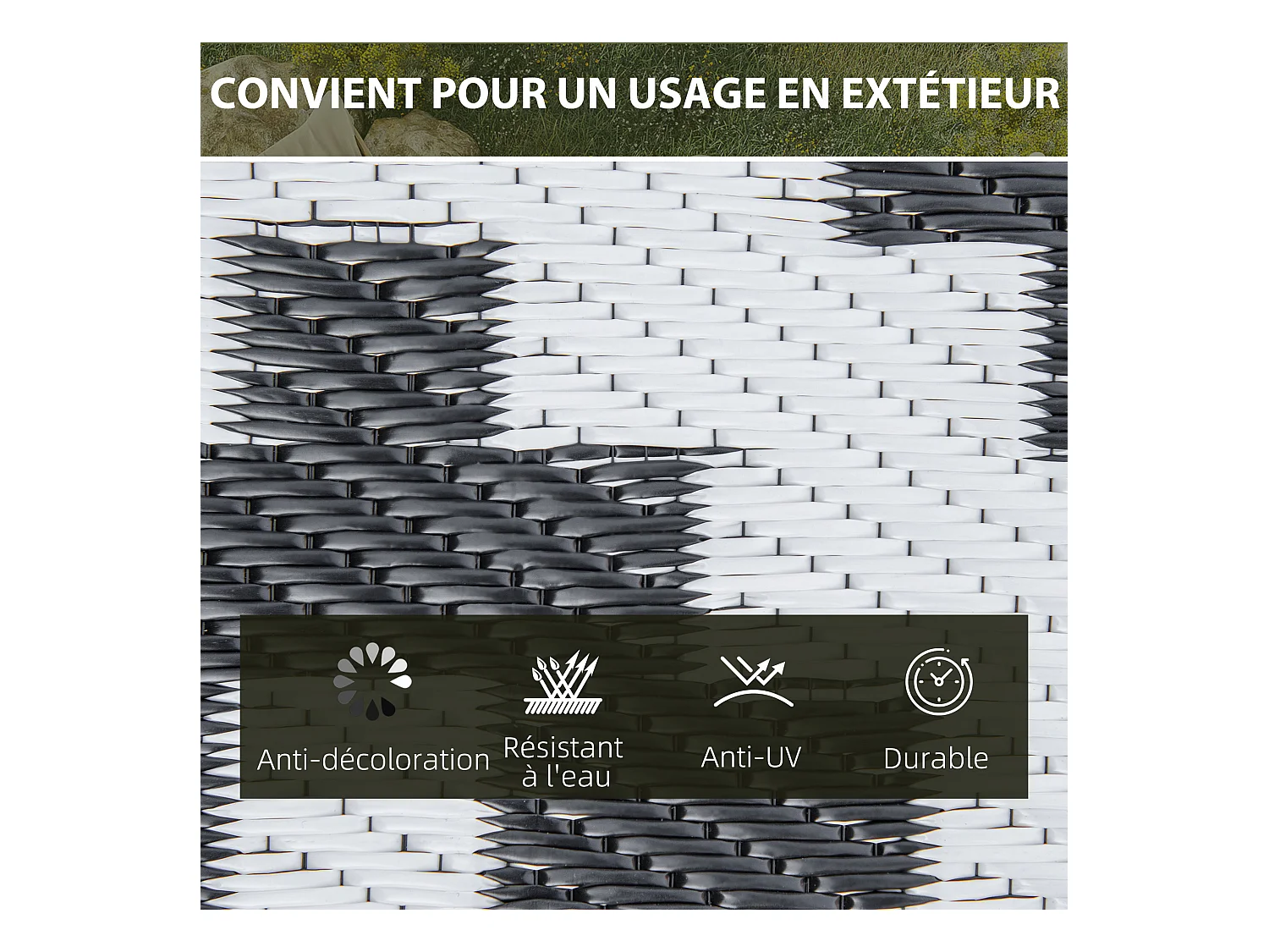 Tapis extérieur style graphique - tapis réversible 2 motifs - dim. 2,74L x 1,82l m, ép. 3 mm - PP haute densité 310 g/m² noir blanc