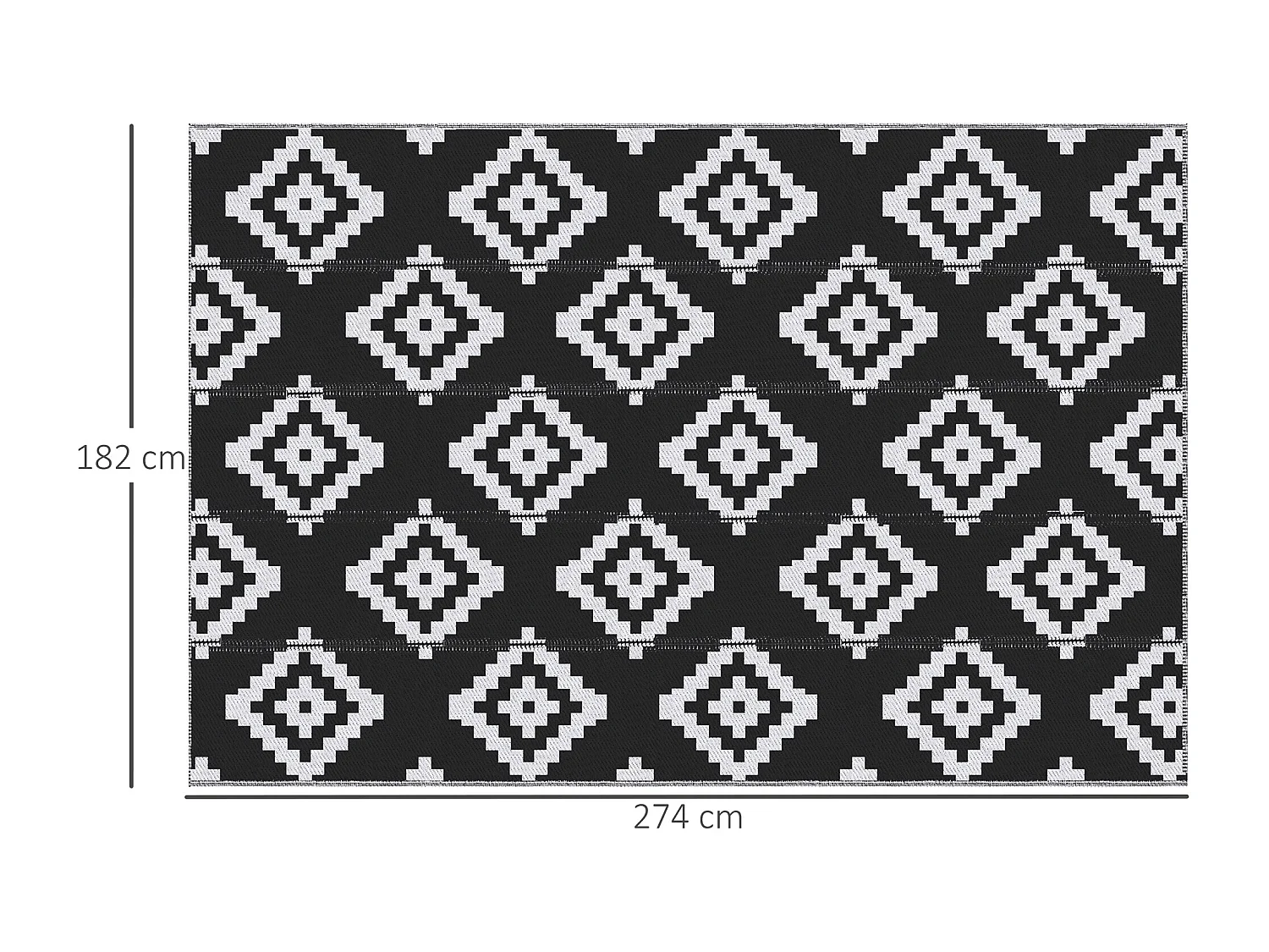 Tapis extérieur style graphique - tapis réversible 2 motifs - dim. 2,74L x 1,82l m, ép. 3 mm - PP haute densité 310 g/m² noir blanc