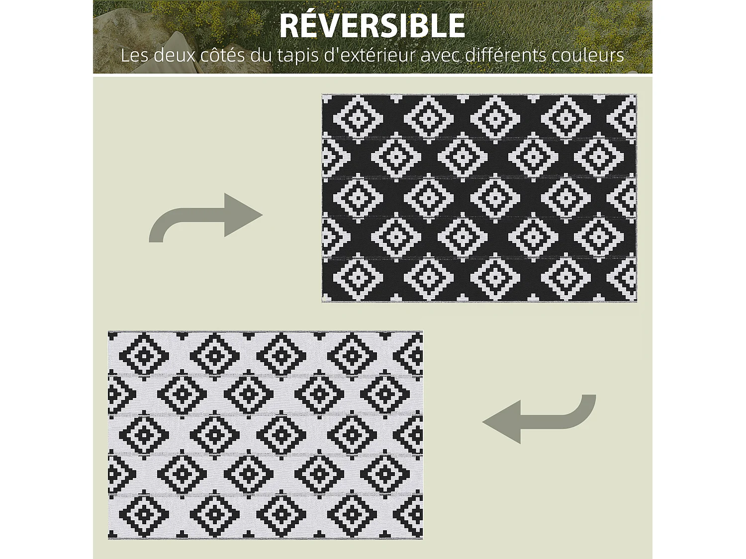 Tapis extérieur style graphique - tapis réversible 2 motifs - dim. 2,74L x 1,82l m, ép. 3 mm - PP haute densité 310 g/m² noir blanc