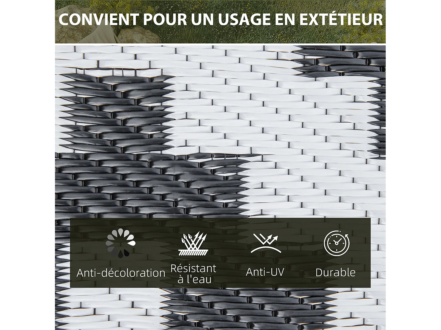 Tapis extérieur style graphique - tapis réversible 2 motifs - dim. 2,74L x 1,82l m, ép. 3 mm - PP haute densité 310 g/m² noir blanc