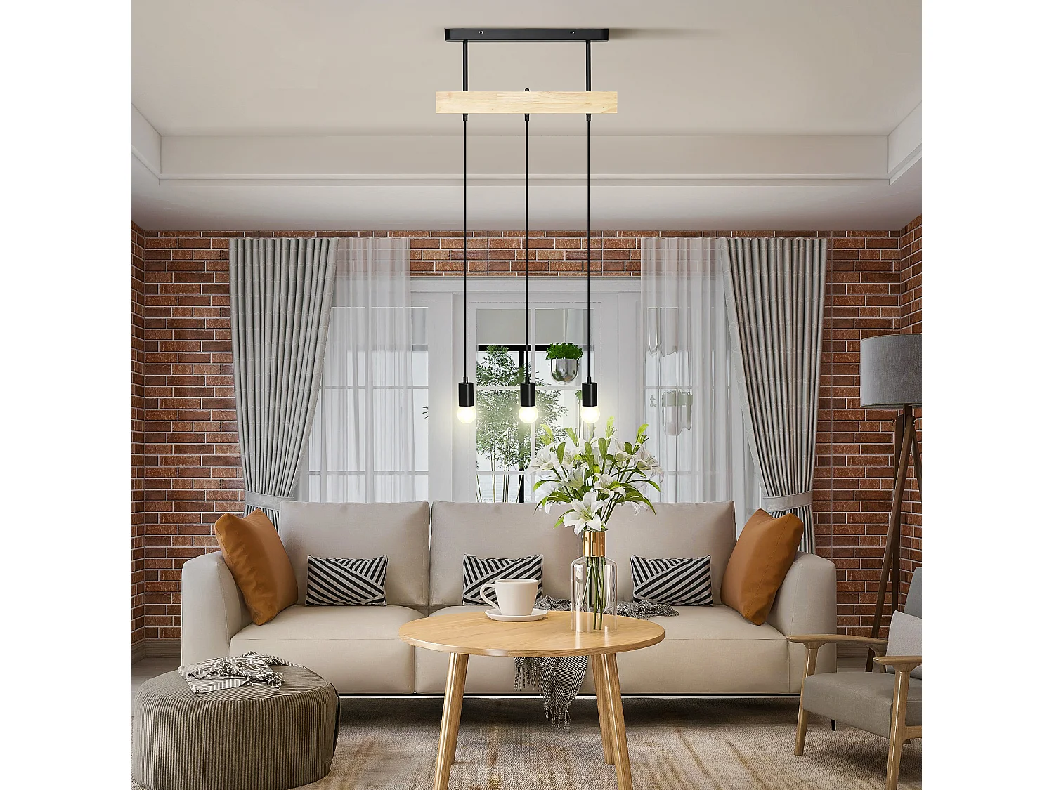 Lustre suspension style industriel 3 lampes 40 W max. hauteur réglable dim. 50L x 8l x 33H cm métal noir bois hévéa