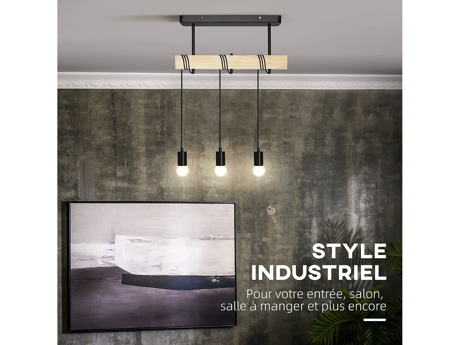 Lustre suspension style industriel 3 lampes 40 W max. hauteur réglable dim. 50L x 8l x 33H cm métal noir bois hévéa