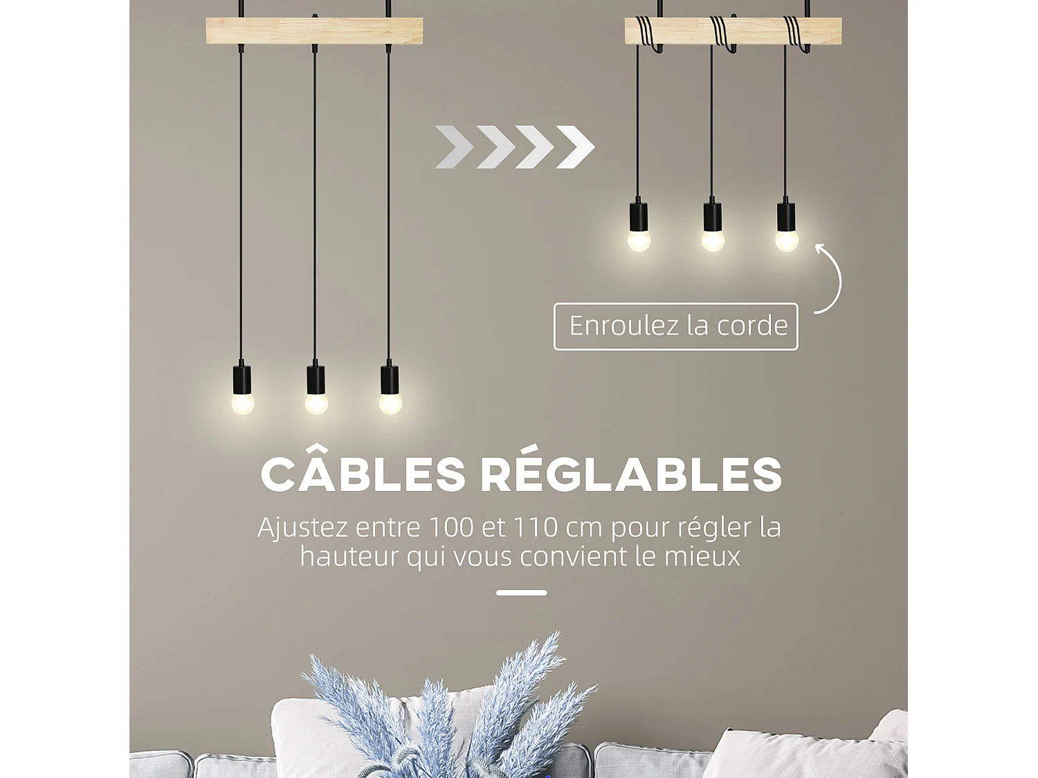 Lustre suspension style industriel 3 lampes 40 W max. hauteur réglable dim. 50L x 8l x 33H cm métal noir bois hévéa