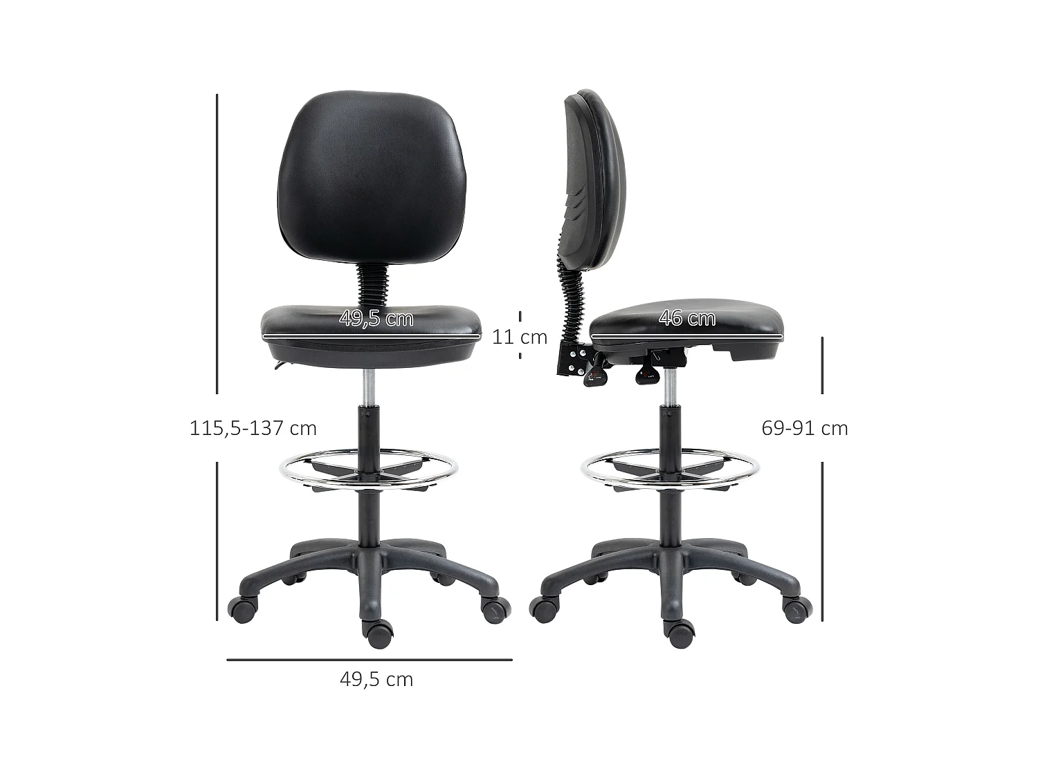 Tabouret à roulettes réglable en hauteur 69-91 cm avec dossier inclinable et repose-pieds réglable