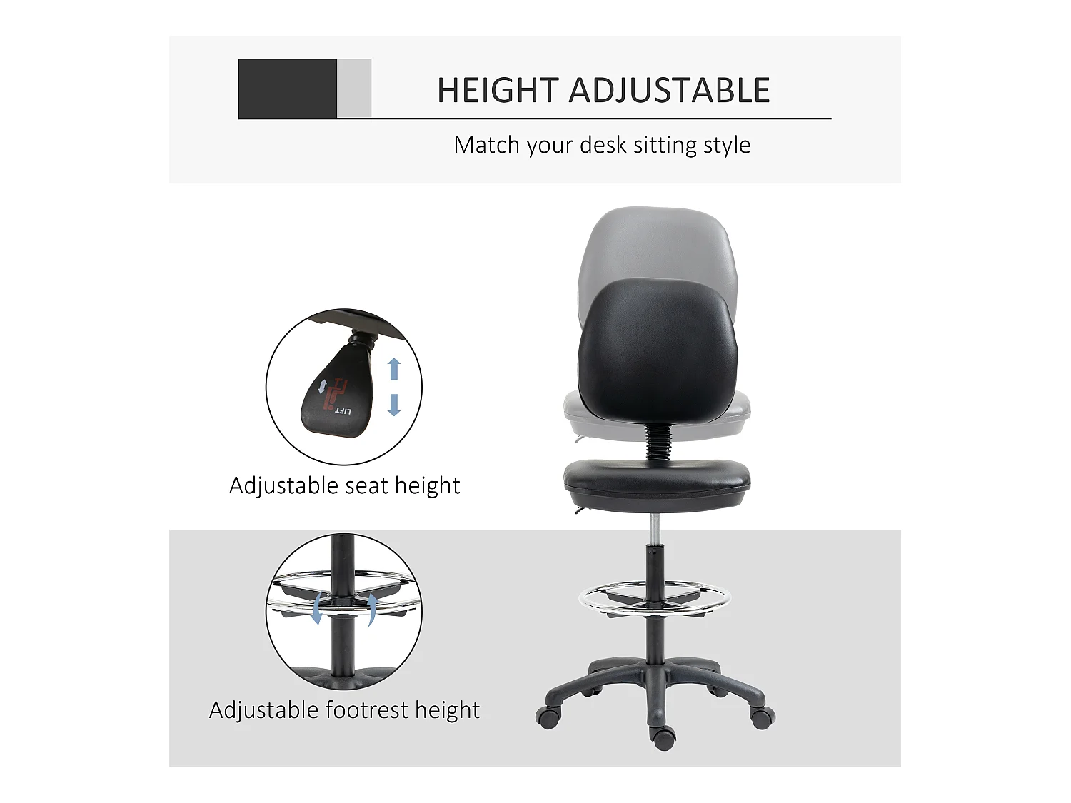 Tabouret à roulettes réglable en hauteur 69-91 cm avec dossier inclinable et repose-pieds réglable