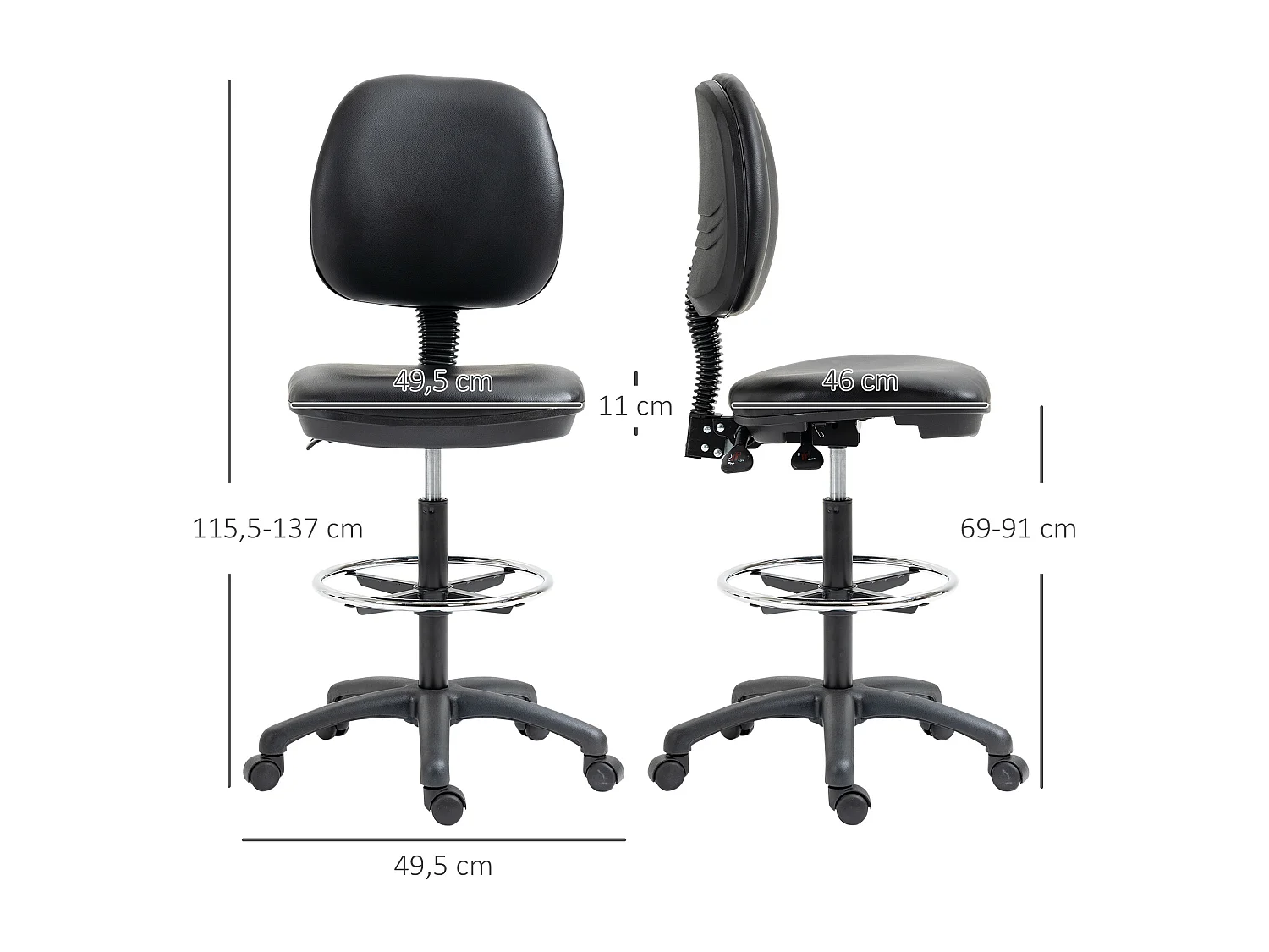 Tabouret à roulettes réglable en hauteur 69-91 cm avec dossier inclinable et repose-pieds réglable