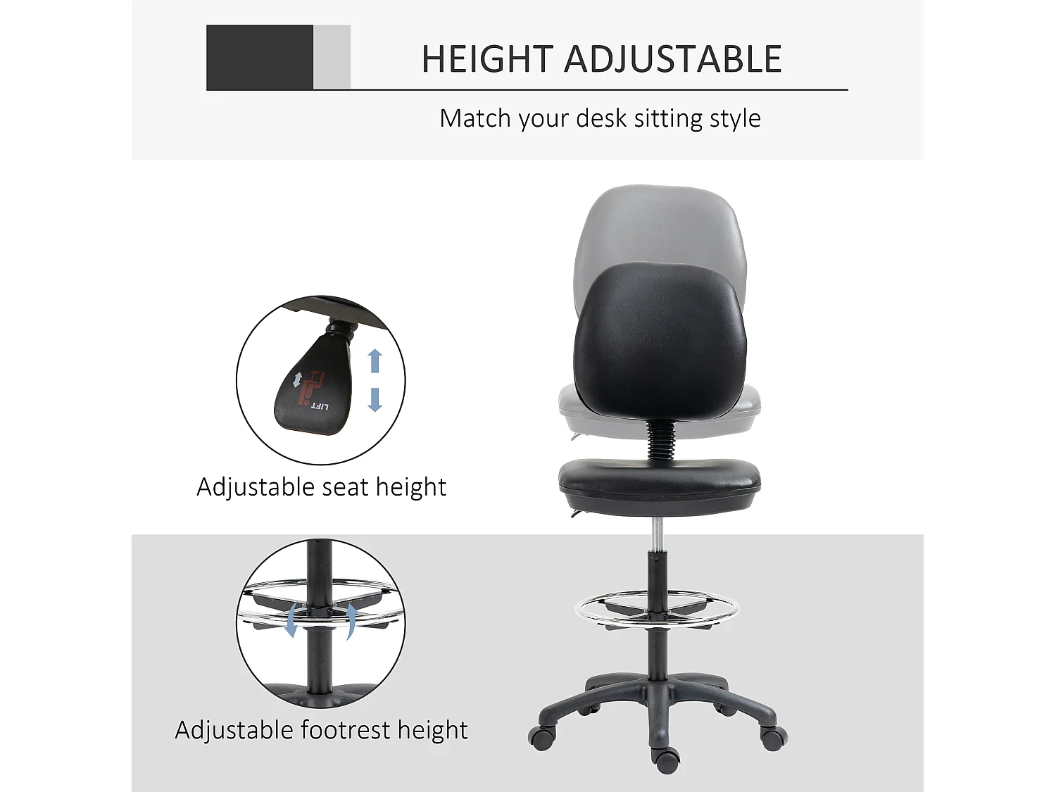 Tabouret à roulettes réglable en hauteur 69-91 cm avec dossier inclinable et repose-pieds réglable