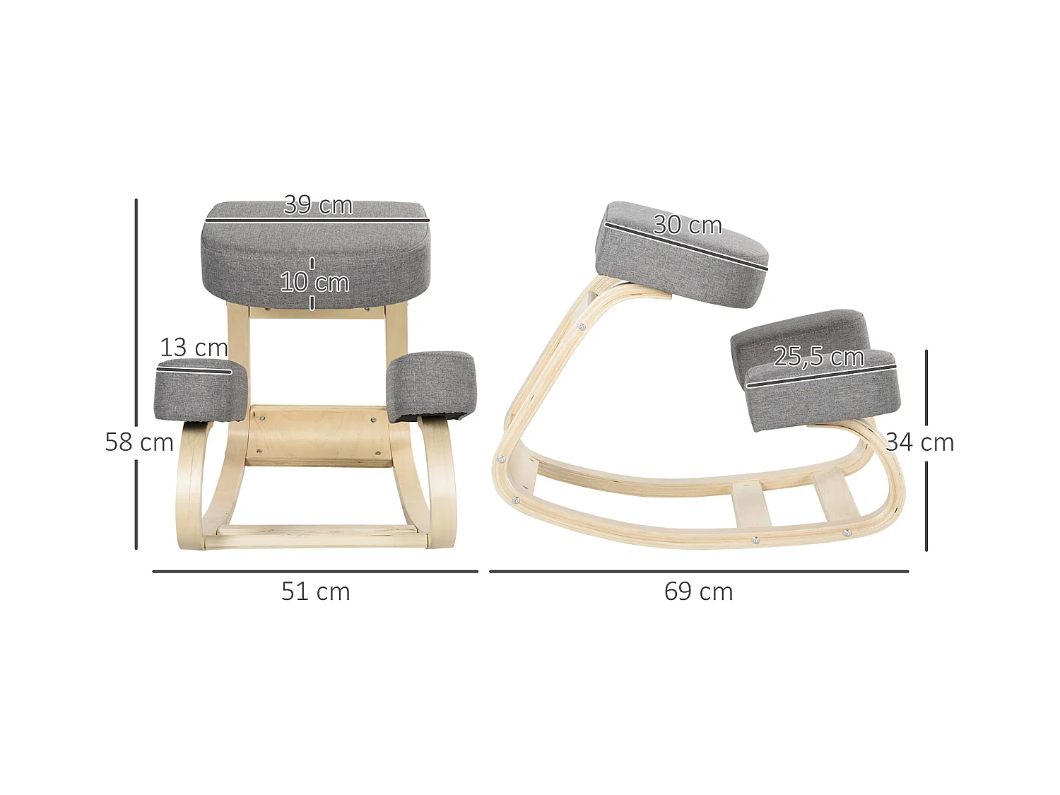 Tabouret ergonomique - siège assis à genoux - chaise à genoux grand confort - bois bouleau polyester gris