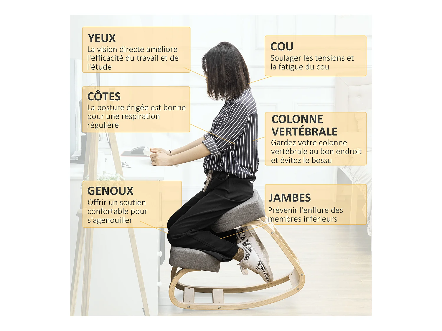 Tabouret ergonomique - siège assis à genoux - chaise à genoux grand confort - bois bouleau polyester gris