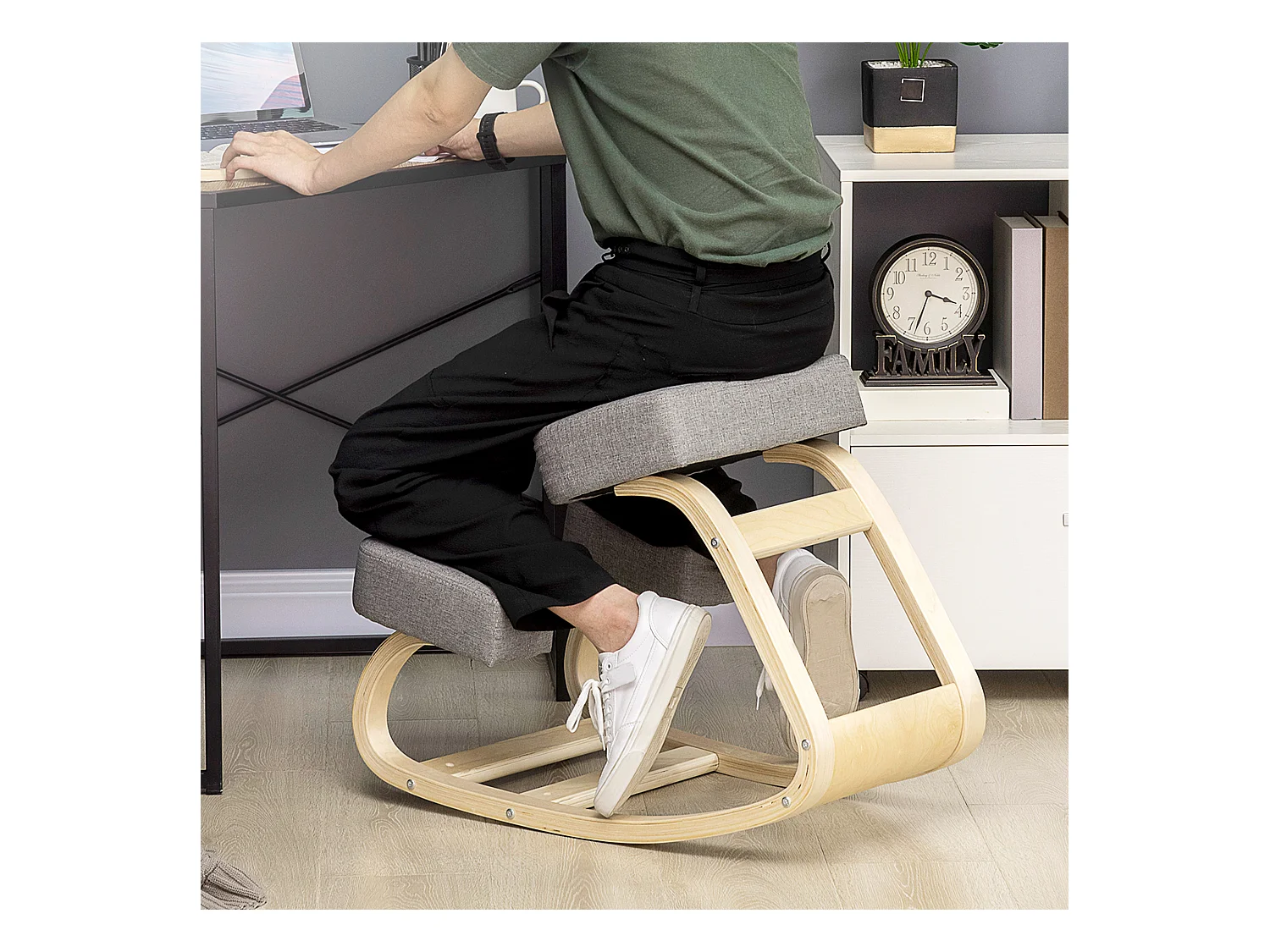 Tabouret ergonomique - siège assis à genoux - chaise à genoux grand confort - bois bouleau polyester gris