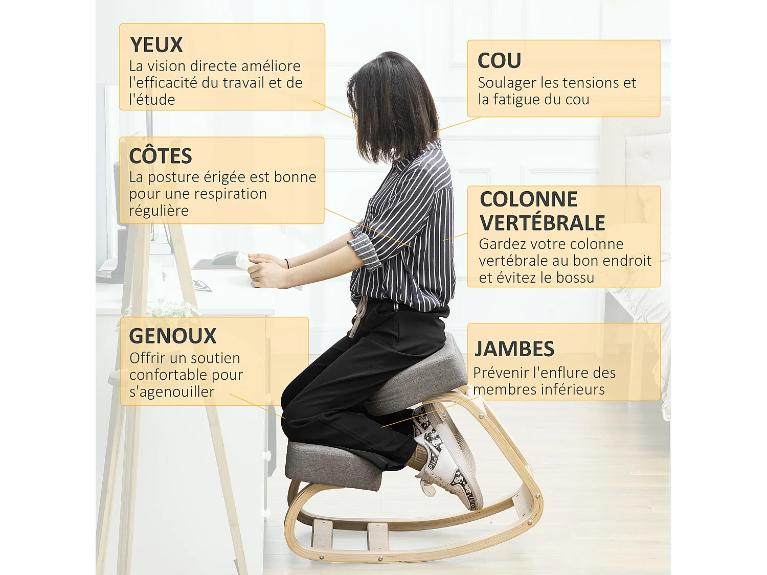 Tabouret ergonomique - siège assis à genoux - chaise à genoux grand confort - bois bouleau polyester gris