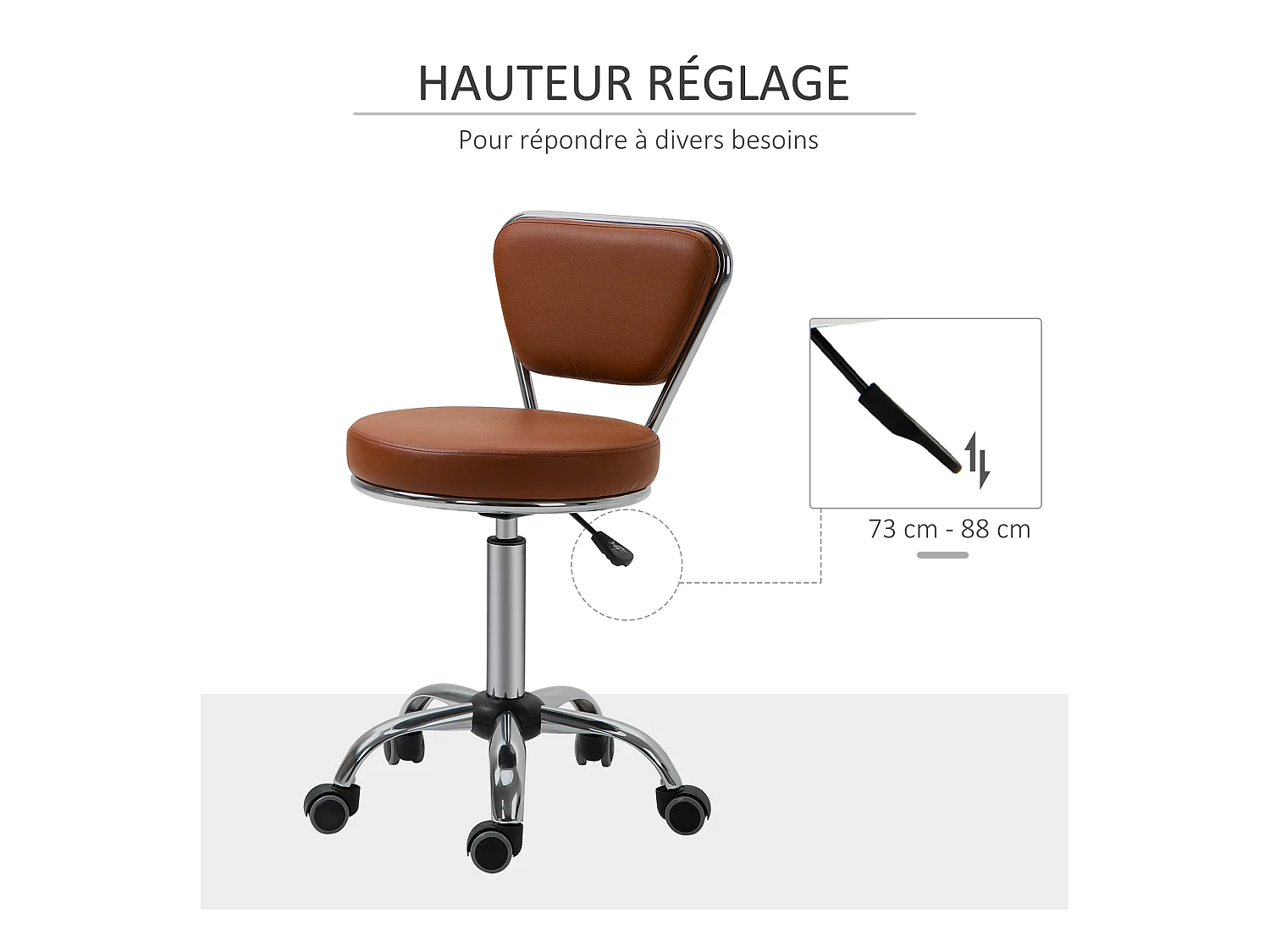 HOMCOM Tabouret de massage Vintage - tabouret de travail pivotant 360° - hauteur assise réglable 49-64 cm - revêtement synthétique marron métal chromé