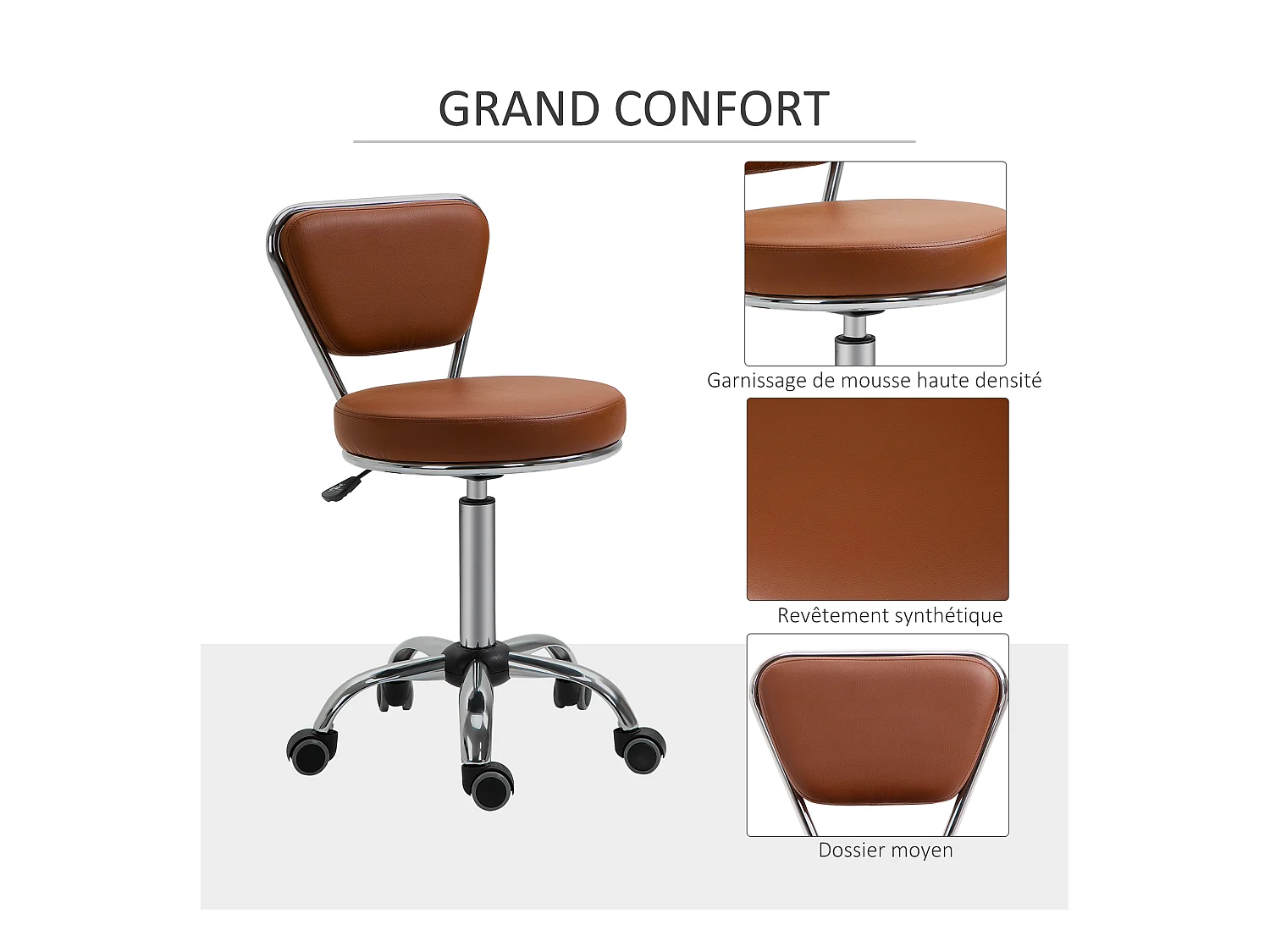 HOMCOM Tabouret de massage Vintage - tabouret de travail pivotant 360° - hauteur assise réglable 49-64 cm - revêtement synthétique marron métal chromé