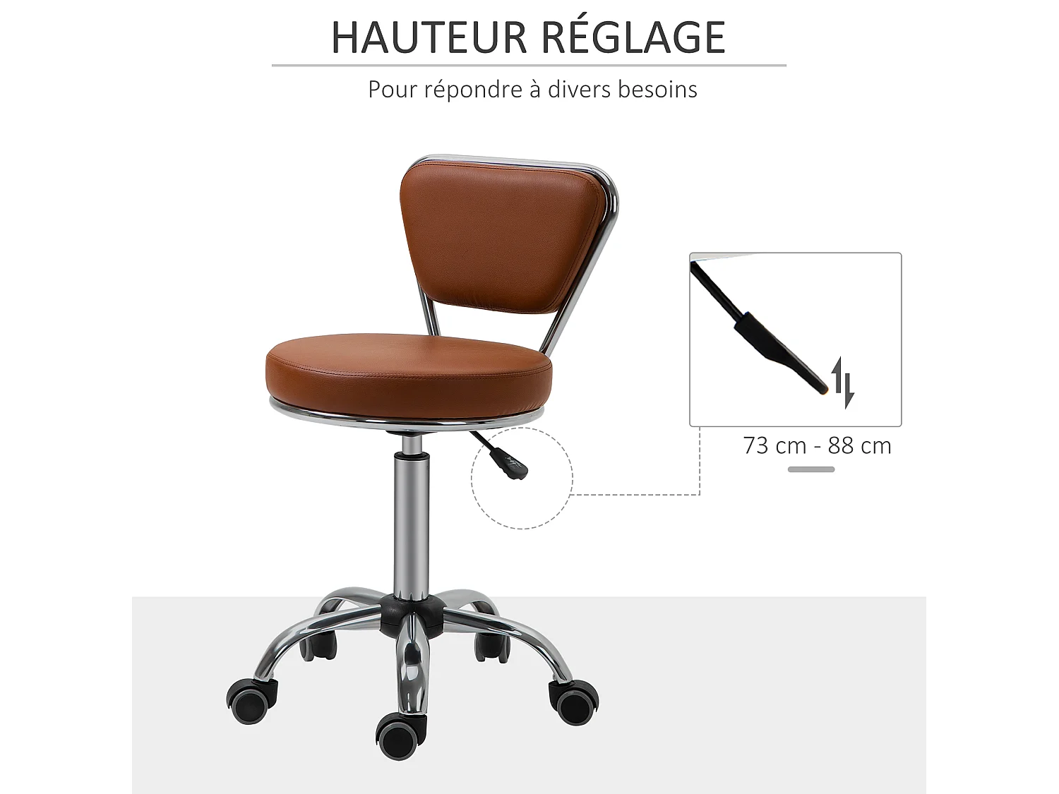 HOMCOM Tabouret de massage Vintage - tabouret de travail pivotant 360° - hauteur assise réglable 49-64 cm - revêtement synthétique marron métal chromé