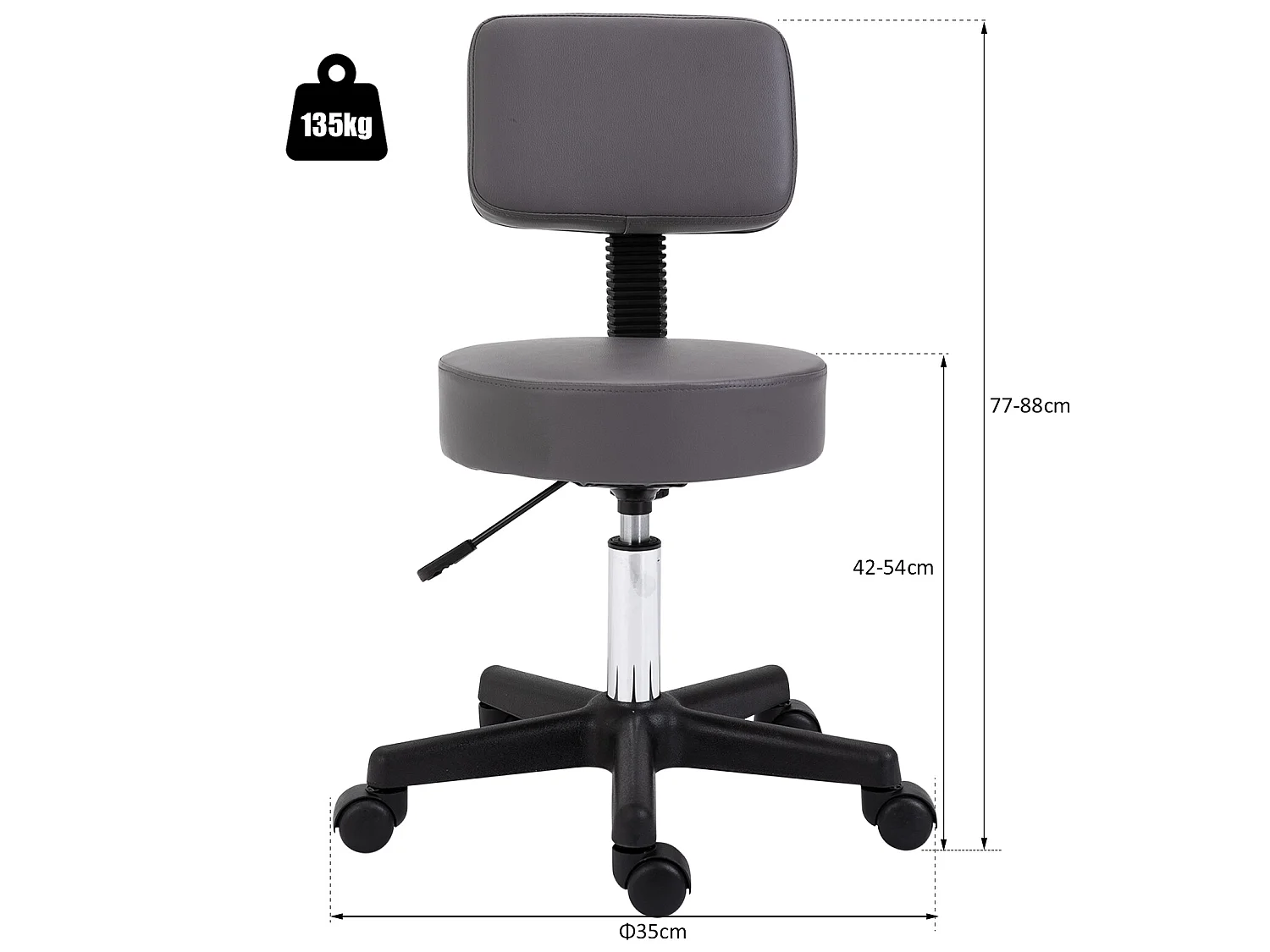 HOMCOM Tabouret massage à roulettes réglable en hauteur pivotant dossier ergonomique gris