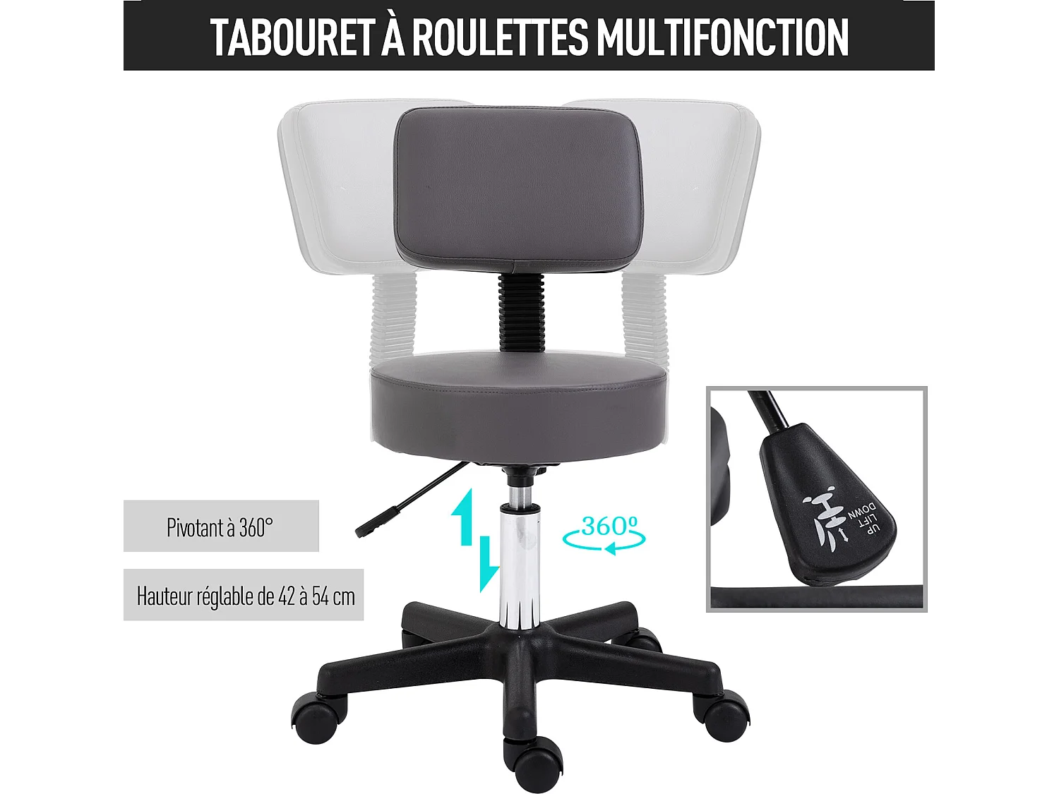 HOMCOM Tabouret massage à roulettes réglable en hauteur pivotant dossier ergonomique gris