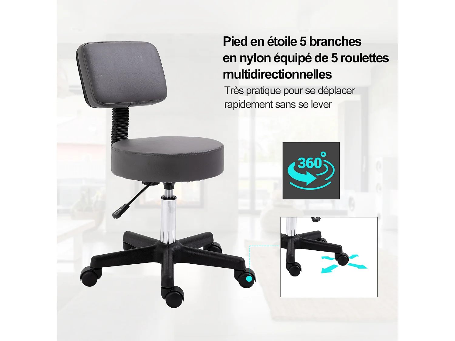 HOMCOM Tabouret massage à roulettes réglable en hauteur pivotant dossier ergonomique gris