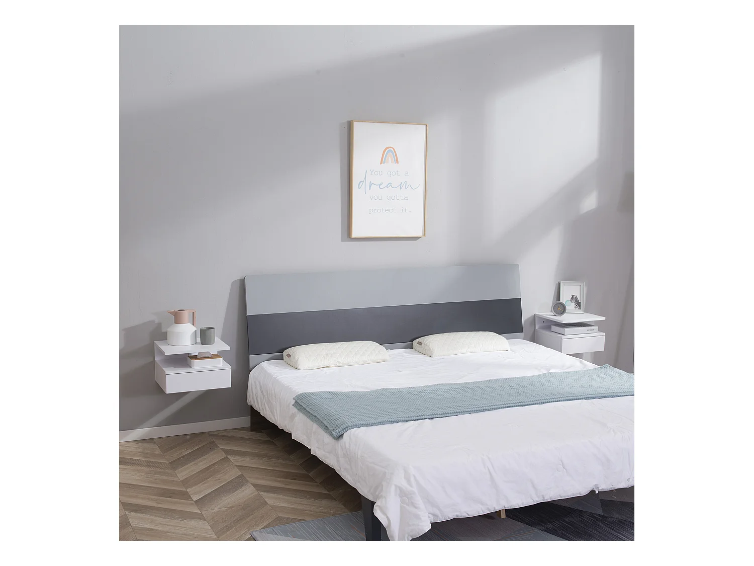 Lot de 2 tables de chevet murales - lot de 2 tables de nuit - tiroir coulissant, niche et plateau - panneau particules blanc