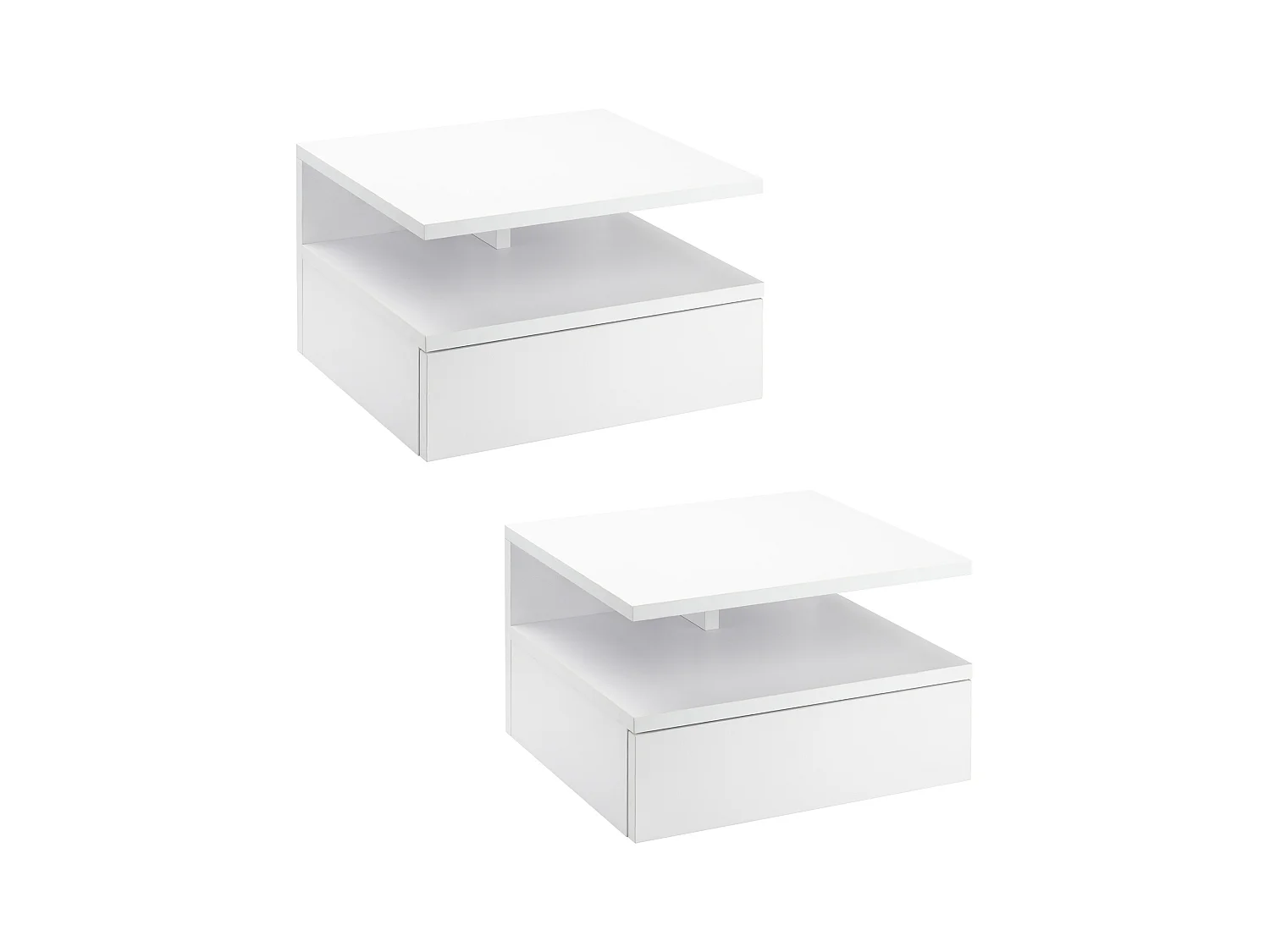 Lot de 2 tables de chevet murales - lot de 2 tables de nuit - tiroir coulissant, niche et plateau - panneau particules blanc