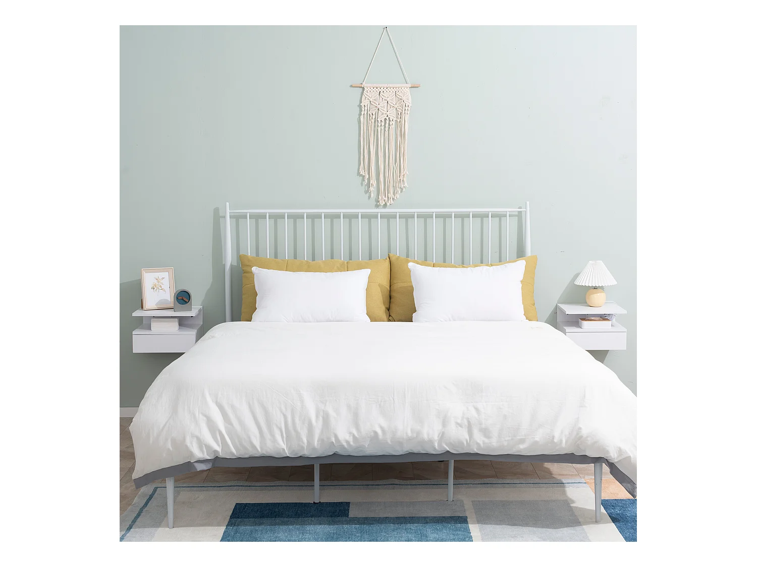 Lot de 2 tables de chevet murales - lot de 2 tables de nuit - tiroir coulissant, niche et plateau - panneau particules blanc