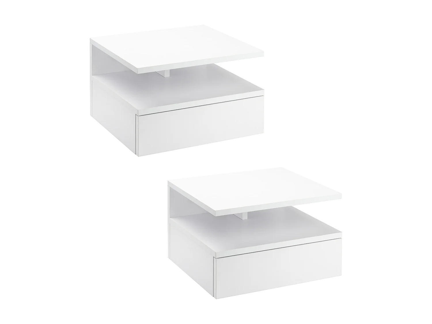 Lot de 2 tables de chevet murales - lot de 2 tables de nuit - tiroir coulissant, niche et plateau - panneau particules blanc