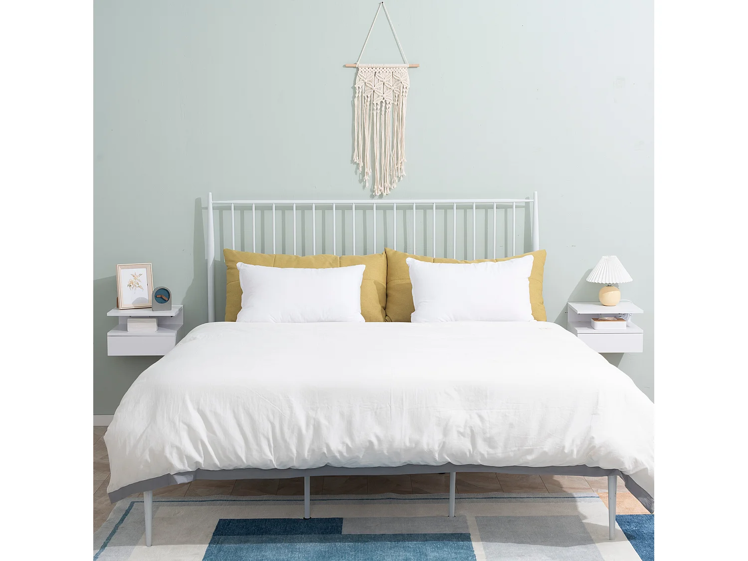 Lot de 2 tables de chevet murales - lot de 2 tables de nuit - tiroir coulissant, niche et plateau - panneau particules blanc