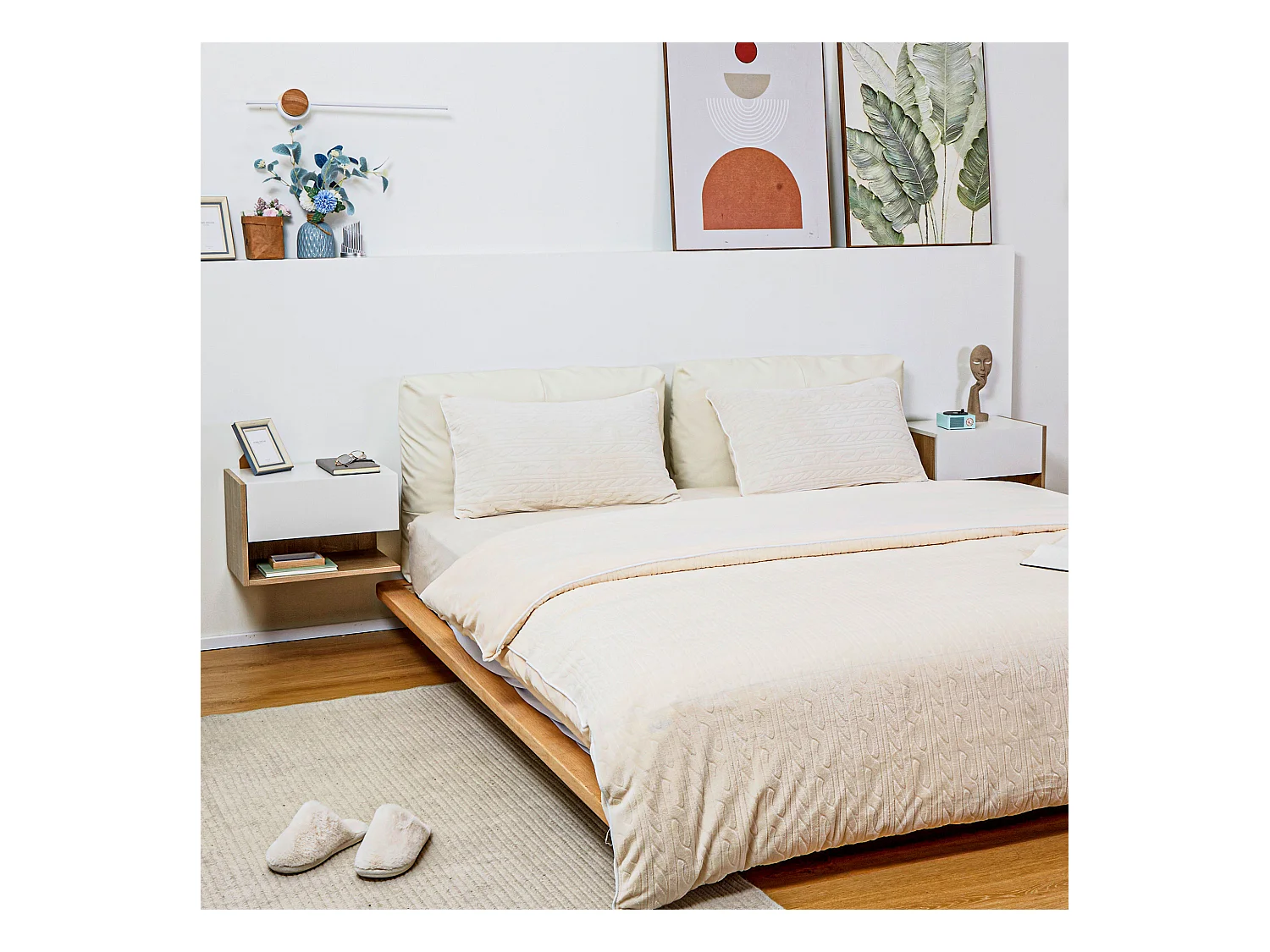 Lot de 2 tables de chevet murales - lot de 2 tables de nuit - tiroir coulissant, étagère - aspect chêne clair blanc