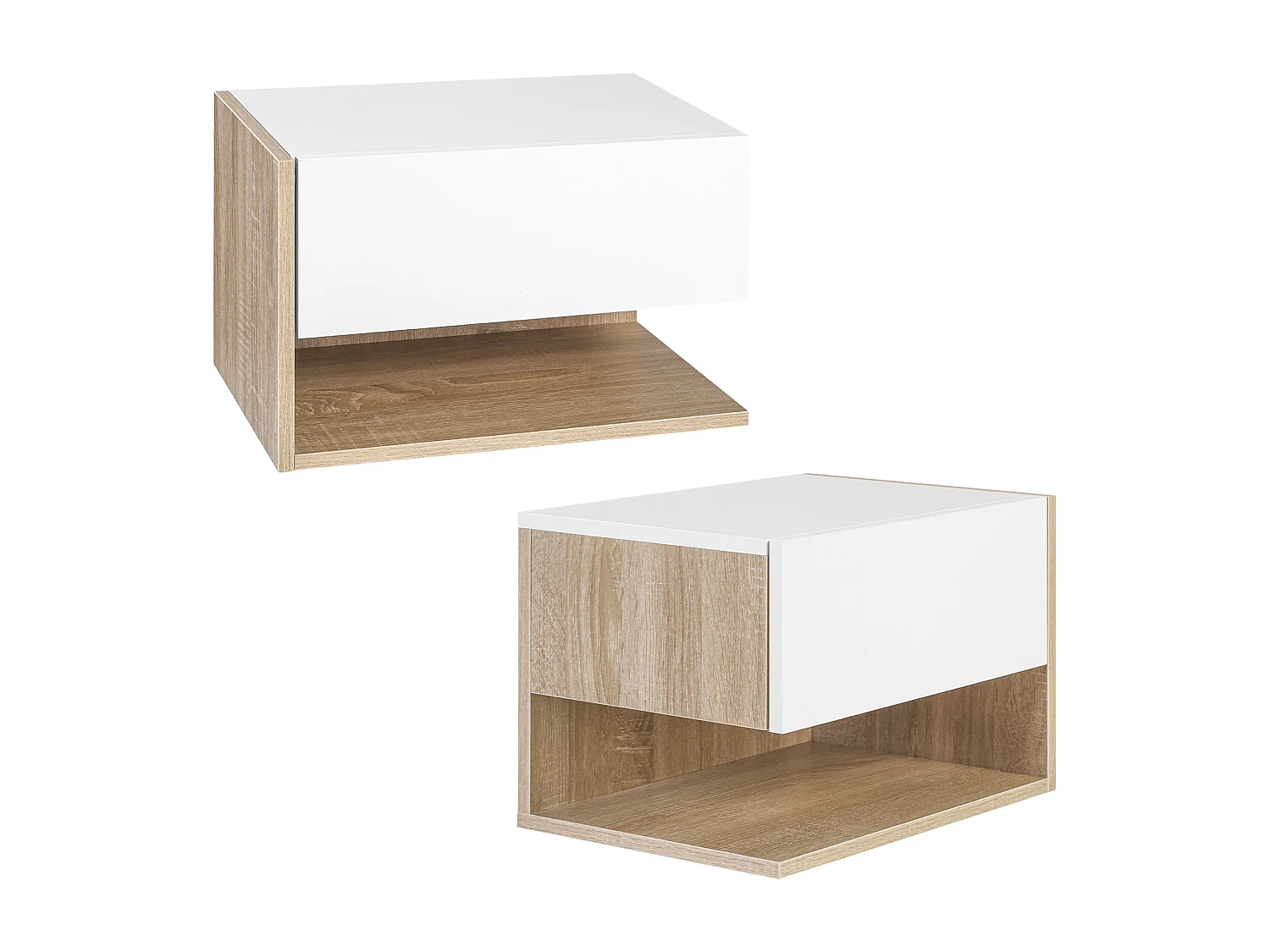 Lot de 2 tables de chevet murales - lot de 2 tables de nuit - tiroir coulissant, étagère - aspect chêne clair blanc
