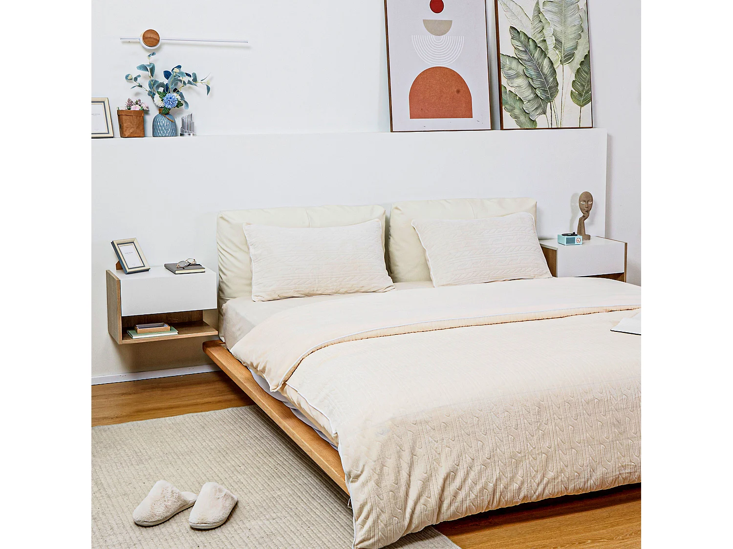 Lot de 2 tables de chevet murales - lot de 2 tables de nuit - tiroir coulissant, étagère - aspect chêne clair blanc