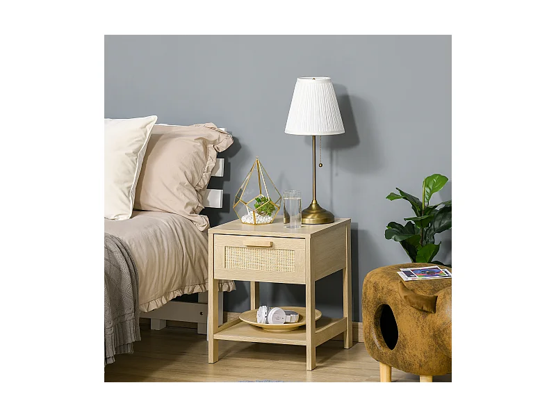Table de chevet tiroir et étagère cannage en rotin dim. 40L x 40l x 48H cm MDF aspect bois clair
