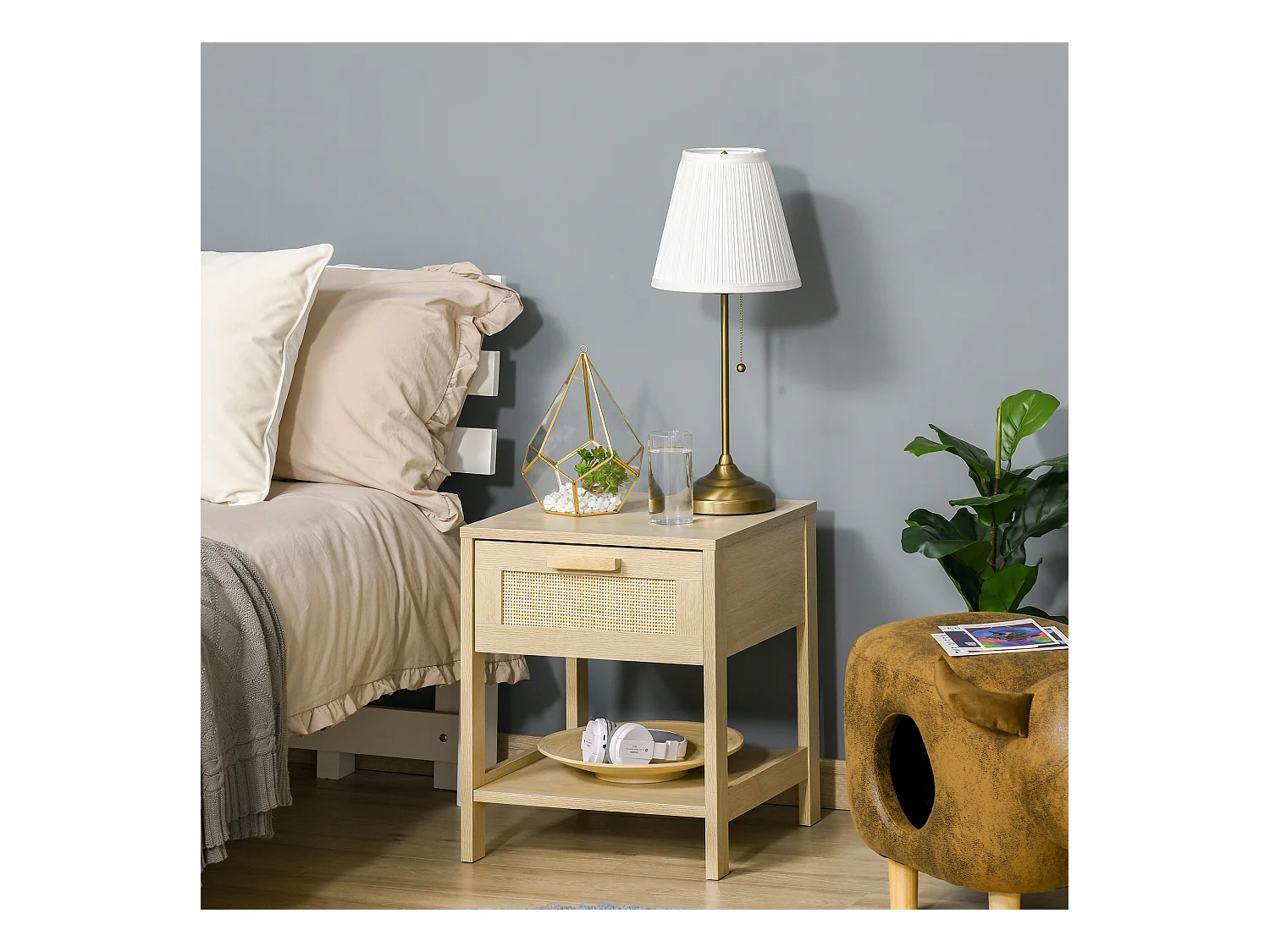 Table de chevet tiroir et étagère cannage en rotin dim. 40L x 40l x 48H cm MDF aspect bois clair