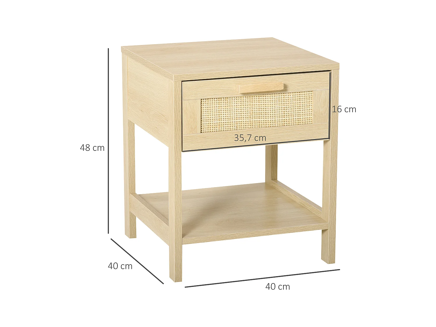 Table de chevet tiroir et étagère cannage en rotin dim. 40L x 40l x 48H cm MDF aspect bois clair