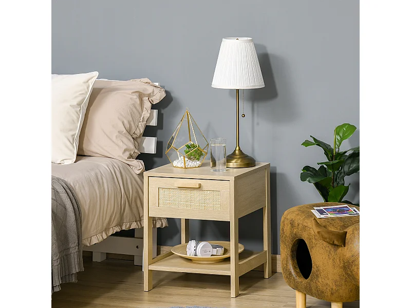 Table de chevet tiroir et étagère cannage en rotin dim. 40L x 40l x 48H cm MDF aspect bois clair