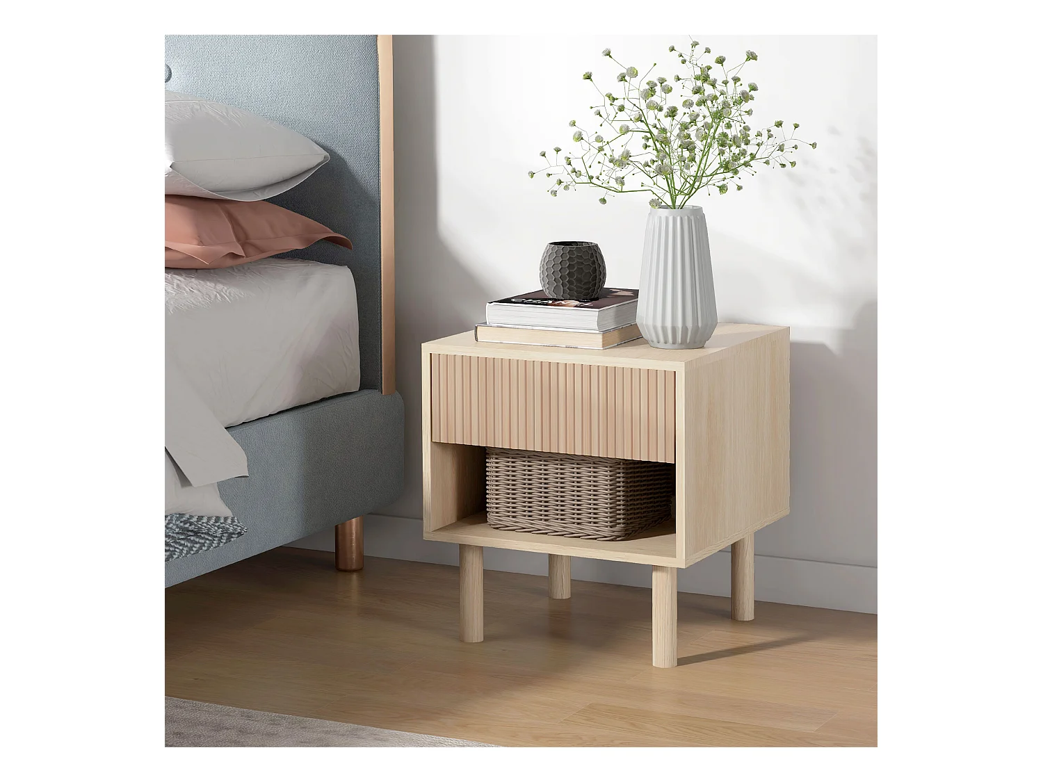 Table de chevet table de nuit design Urban Craft - tiroir coulissant, niche - piètement cylindrique - panneaux particules aspect bois clair